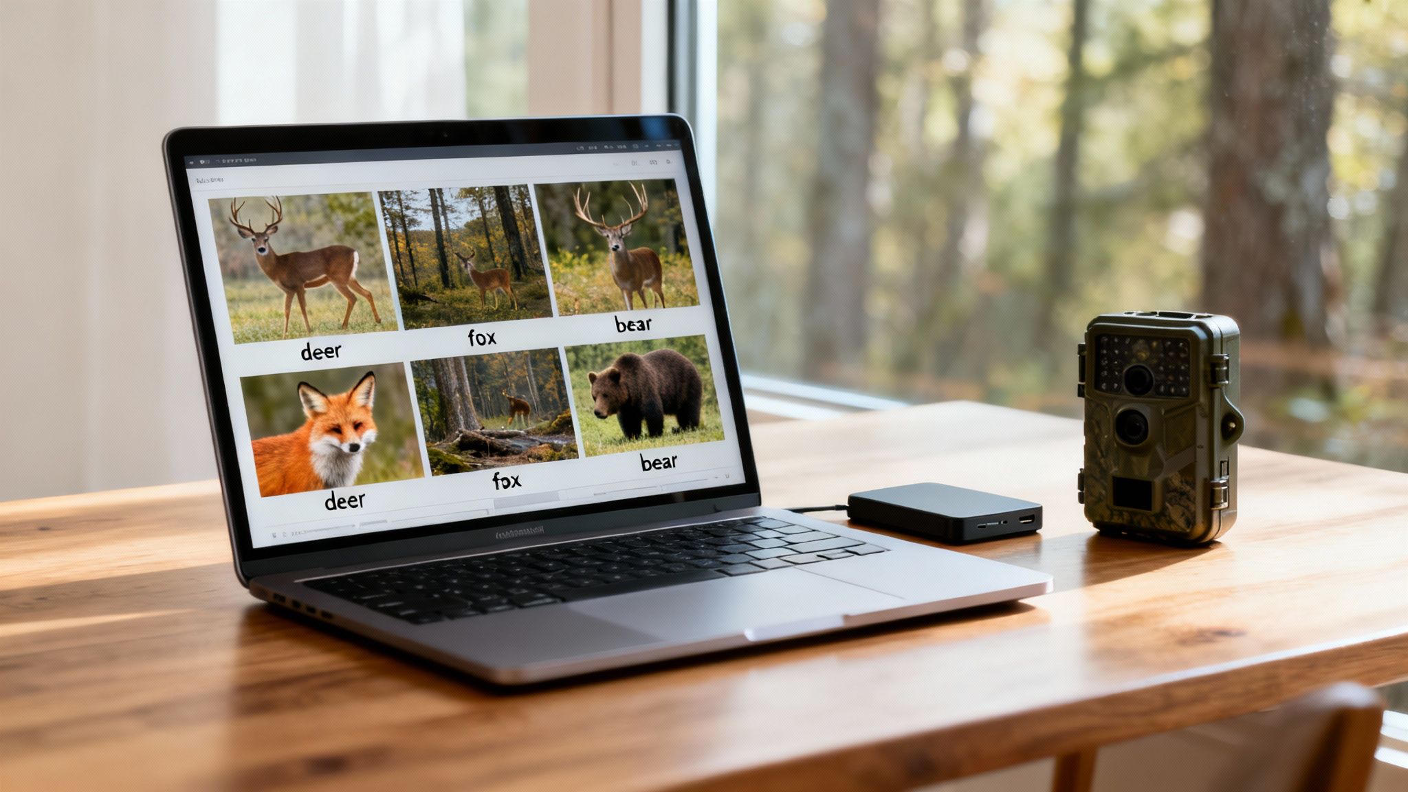 Laptop displaying wildlife images, a trail camera, and a hard drive on a wooden desk.