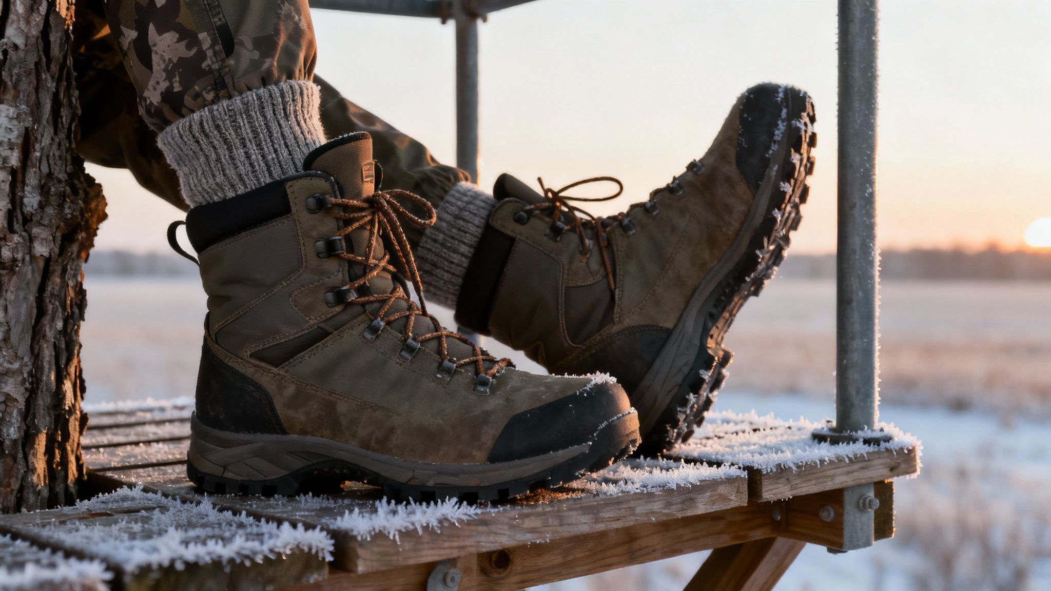 A person wearing brown hunting boots and warm socks on a frost-covered platform in winter.