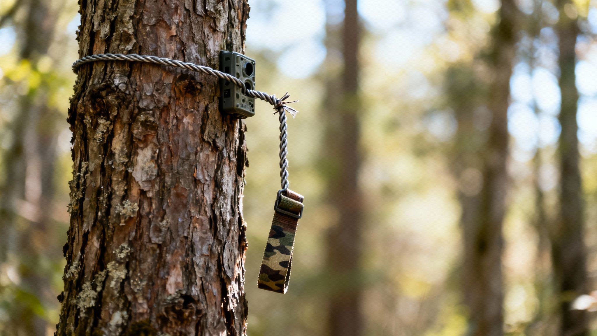 A trail camera secured to a tree trunk with a twisted cable lock, a camo strap hanging below.