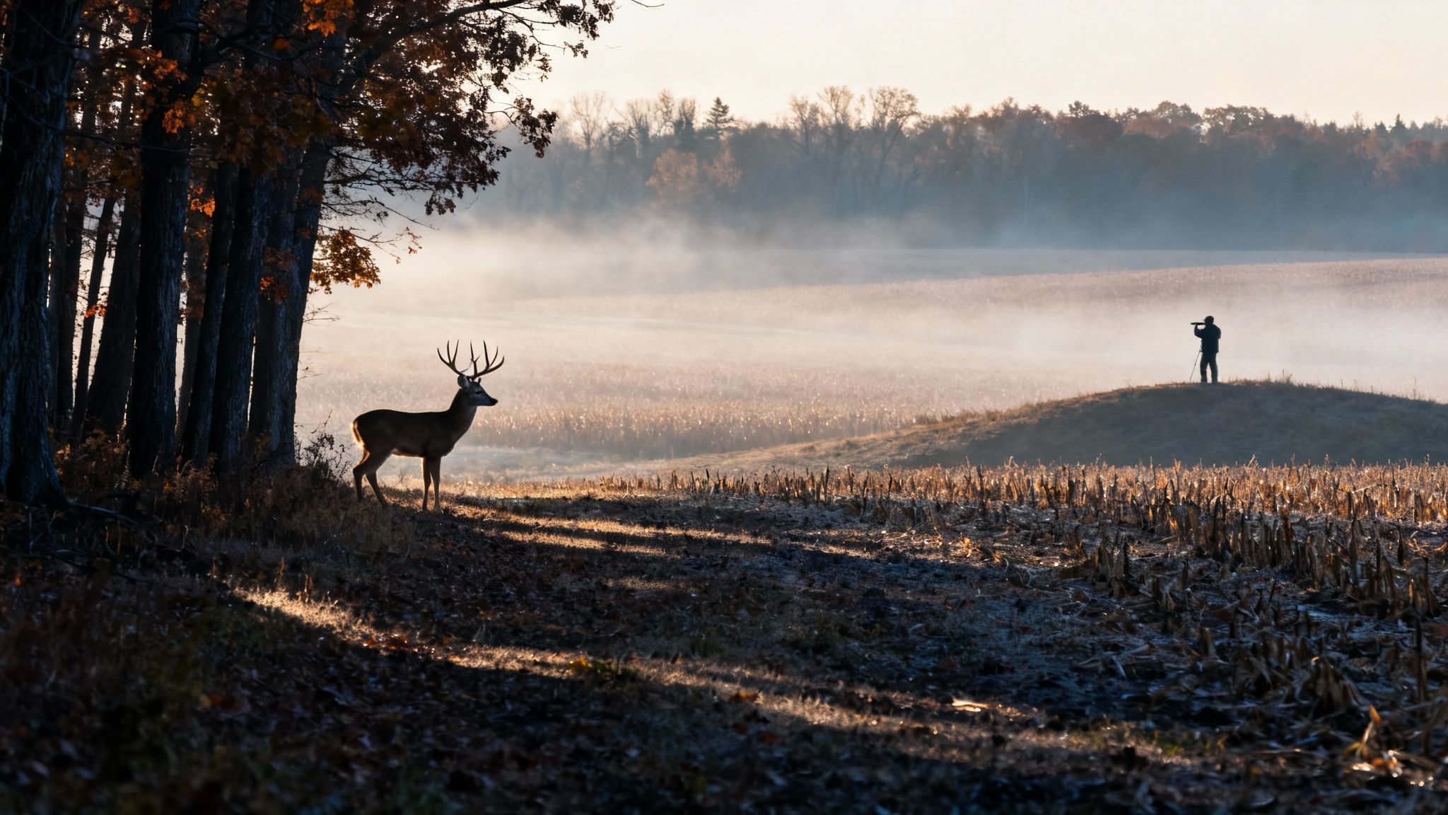 A majestic whitetail deer buck stands by autumn trees overlooking a misty field, with a photographer in the distance.