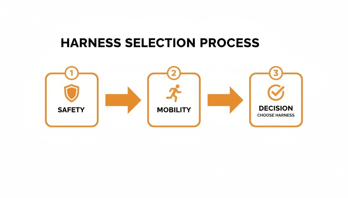 Flowchart illustrating the harness selection process through steps: Safety, Mobility, and Decision.