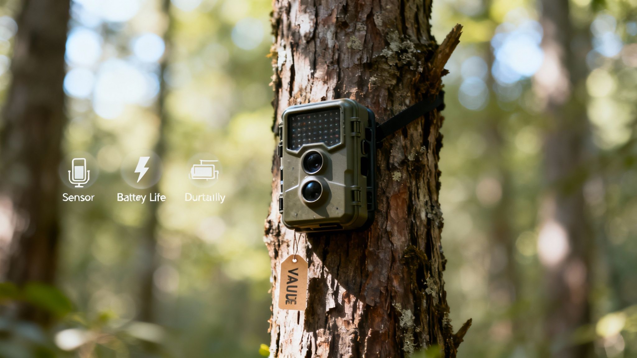 A green trail camera mounted on a tree in a forest, highlighting sensor, battery life, and durability.