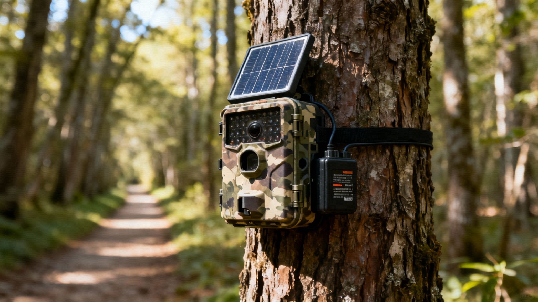 Solar-powered trail camera with camouflage housing mounted on tree trunk in forest for remote wildlife monitoring