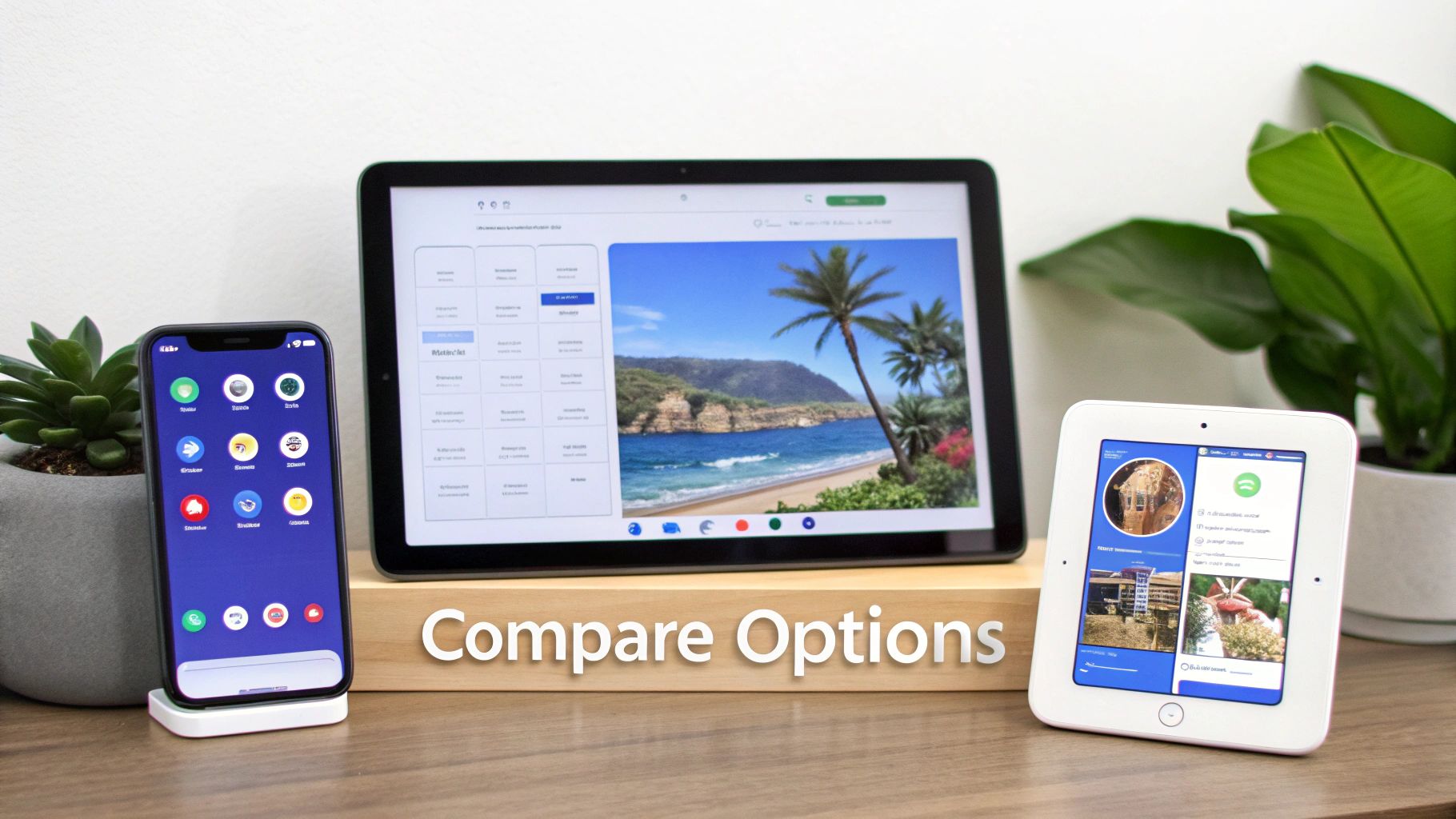 Three electronic devices (smartphone, two tablets) on a wooden stand displaying various digital options.