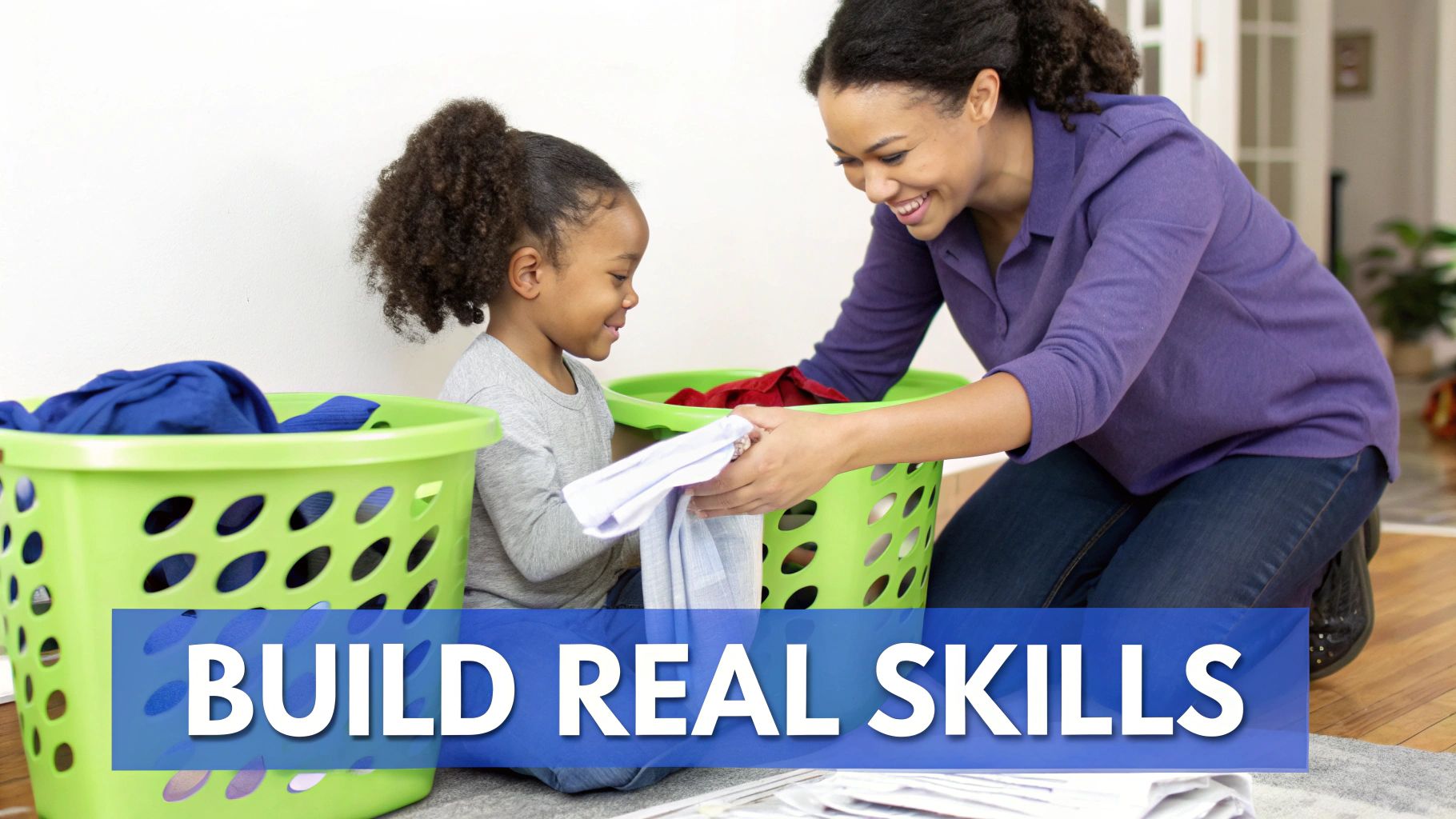 A smiling woman helps a young girl fold laundry from green baskets.