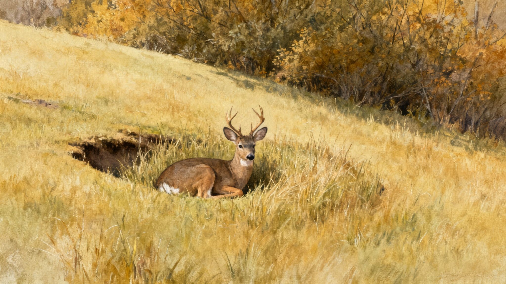 A brown deer with antlers lies peacefully in a golden grassy field near a den.