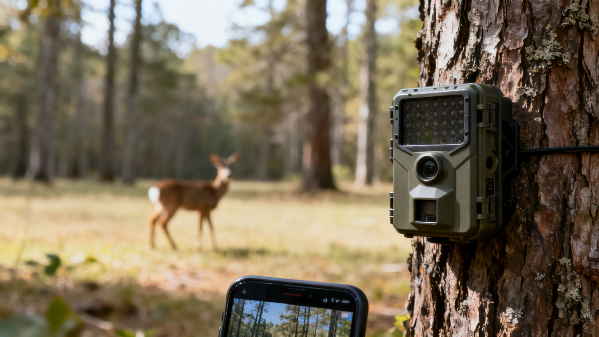 A trail camera mounted on a tree captures a deer in a forest, with a smartphone displaying the live feed.
