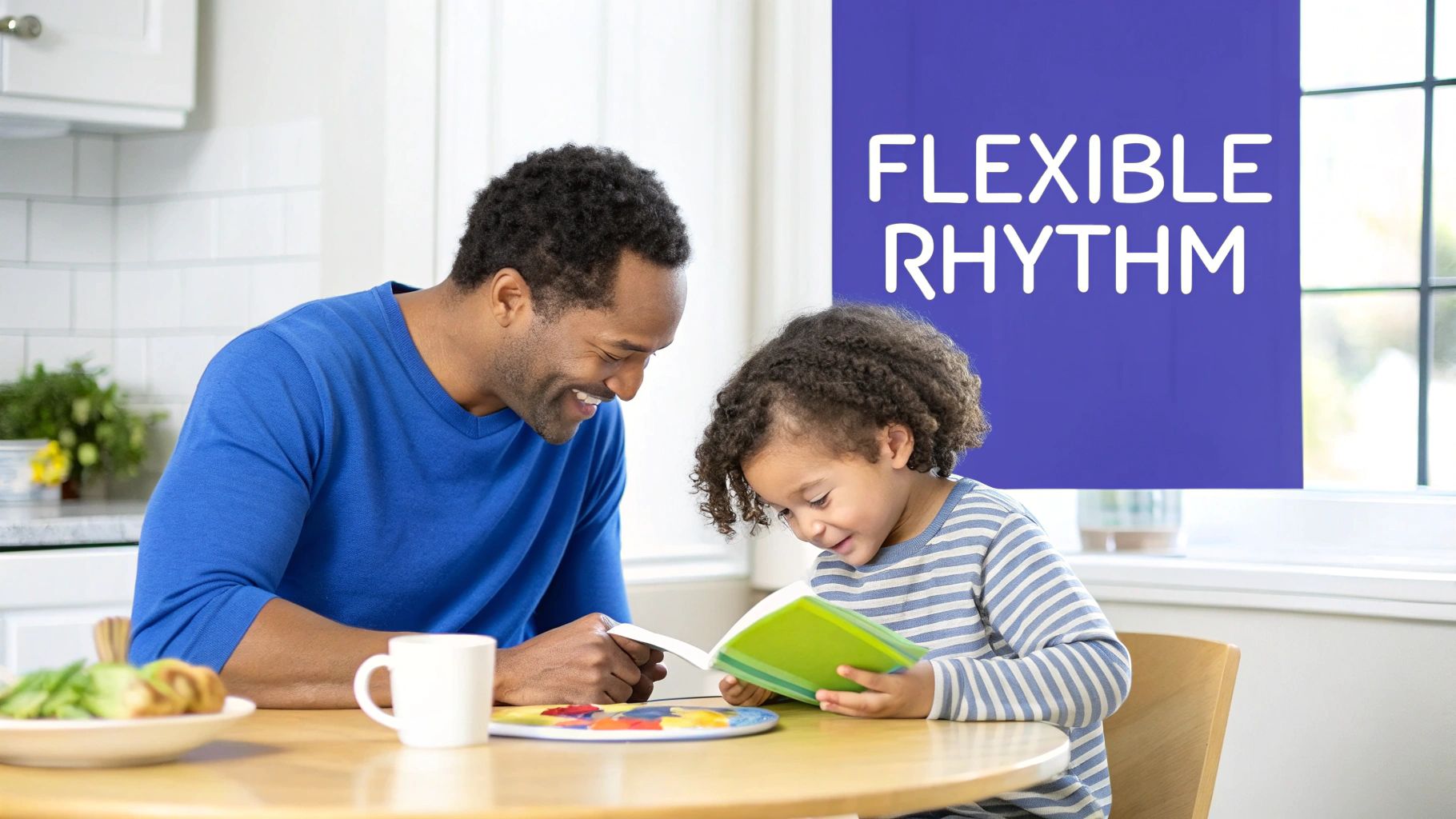 A father and his young son happily read a book together at a kitchen table.
