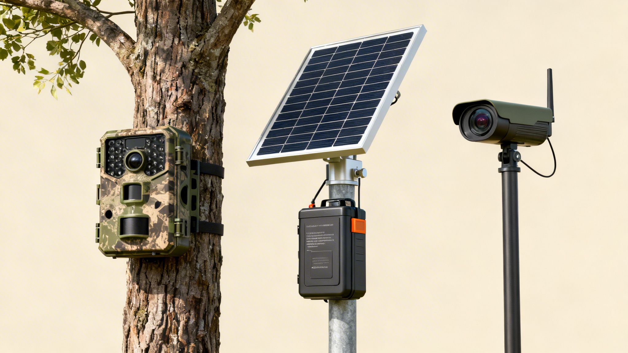 A solar-powered outdoor security system featuring a trail camera on a tree, solar panel, and surveillance camera.