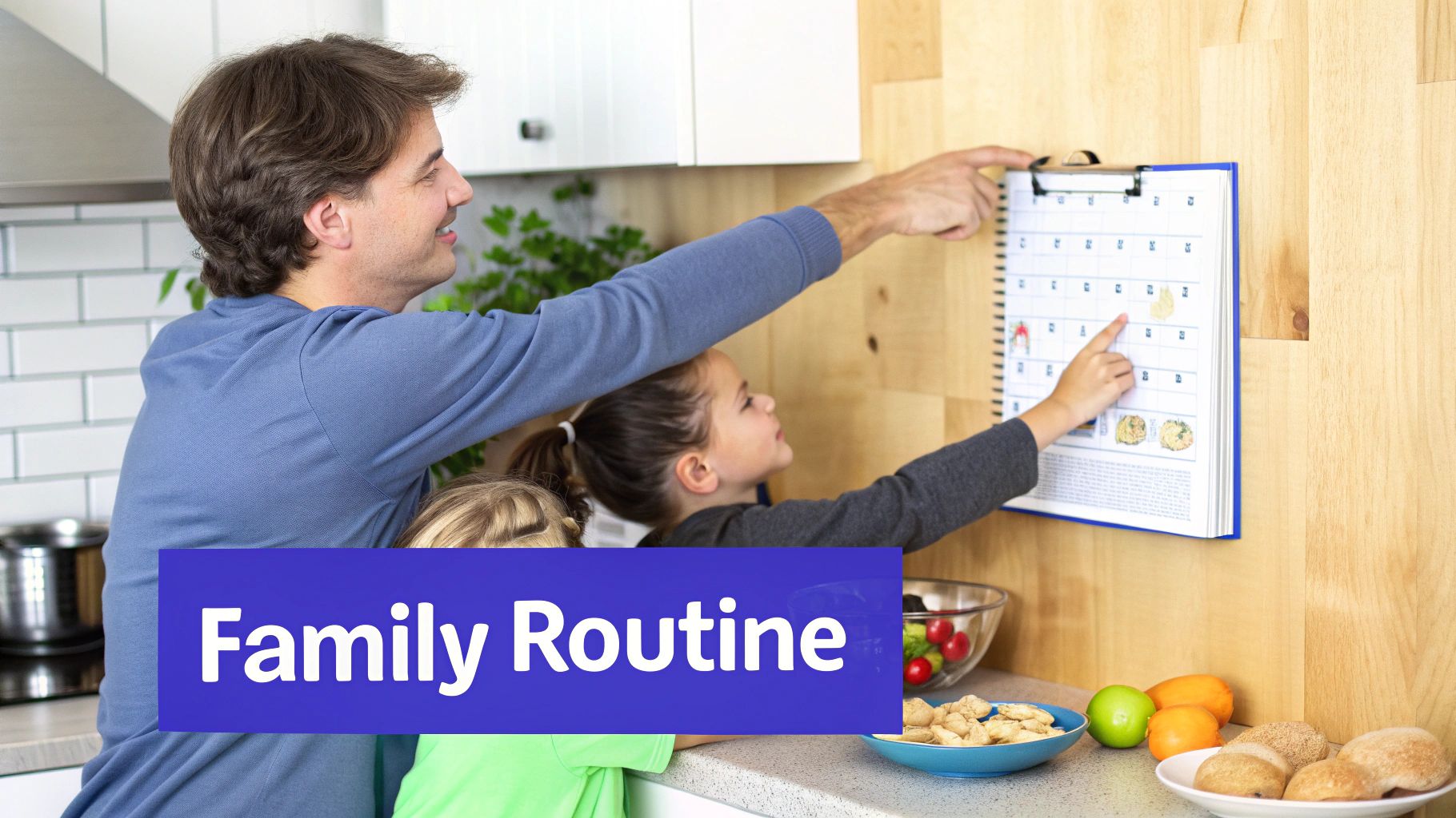 A happy father and two children in a kitchen pointing at a wall calendar, promoting family routine.