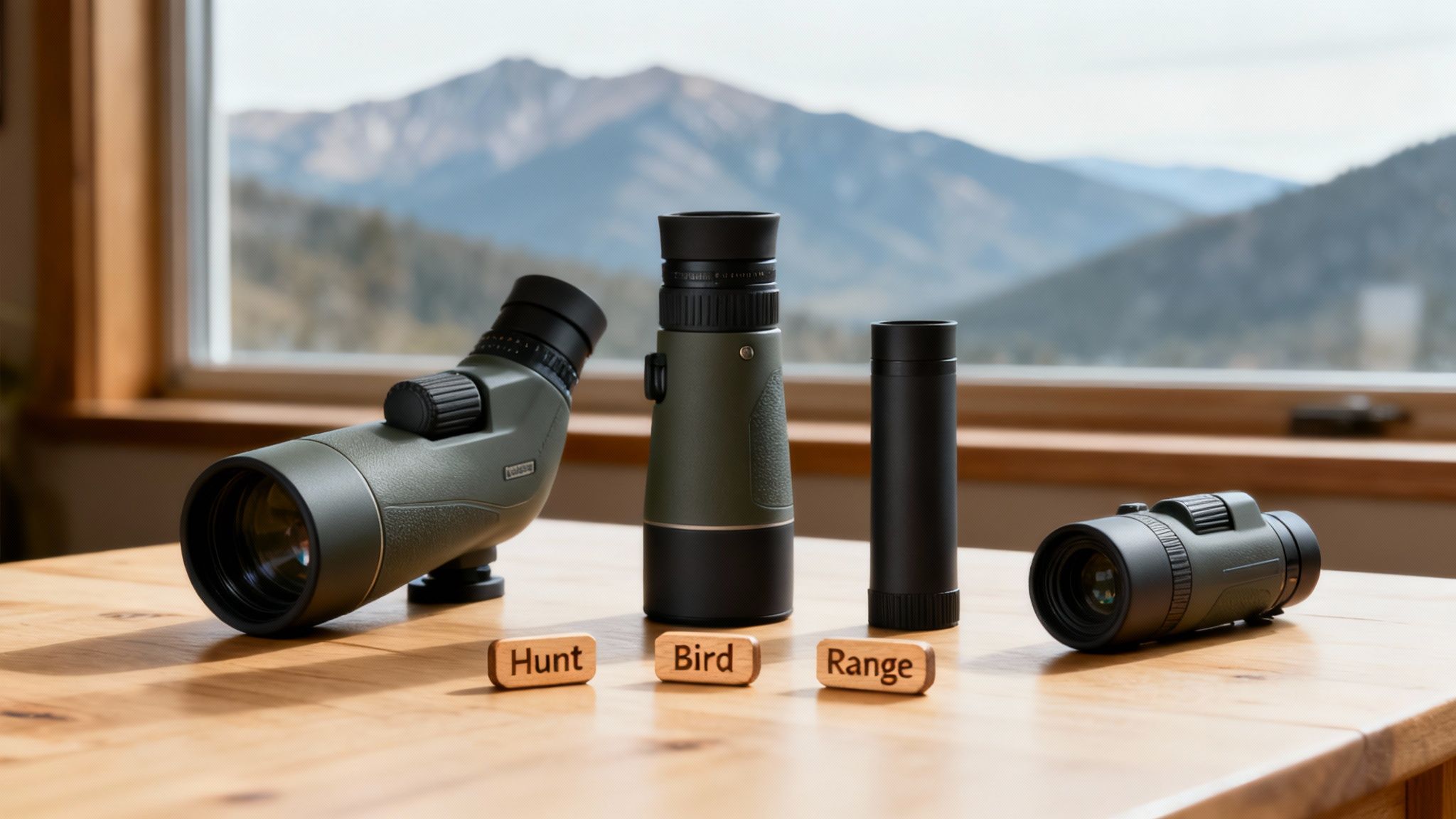 Several olive green spotting scopes and a black monocular on a wooden table with 'Hunt', 'Bird', 'Range' blocks.