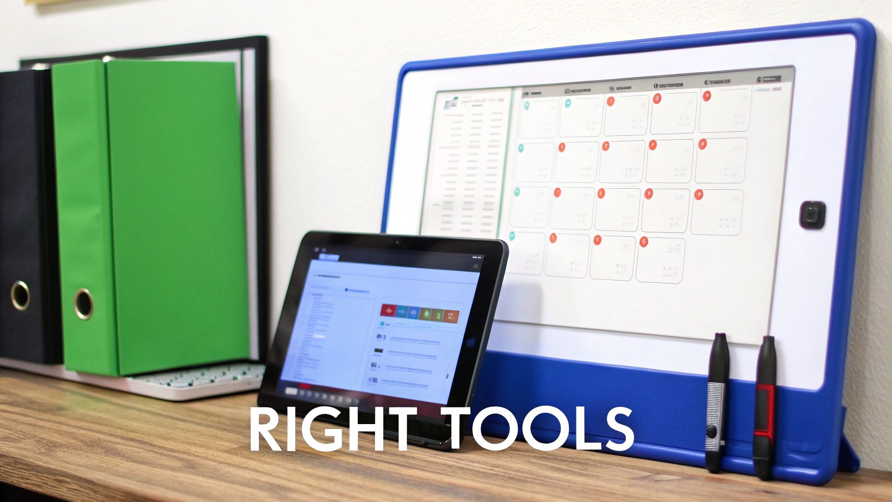 A modern desk setup with a tablet, binders, and a large digital calendar display for organization.