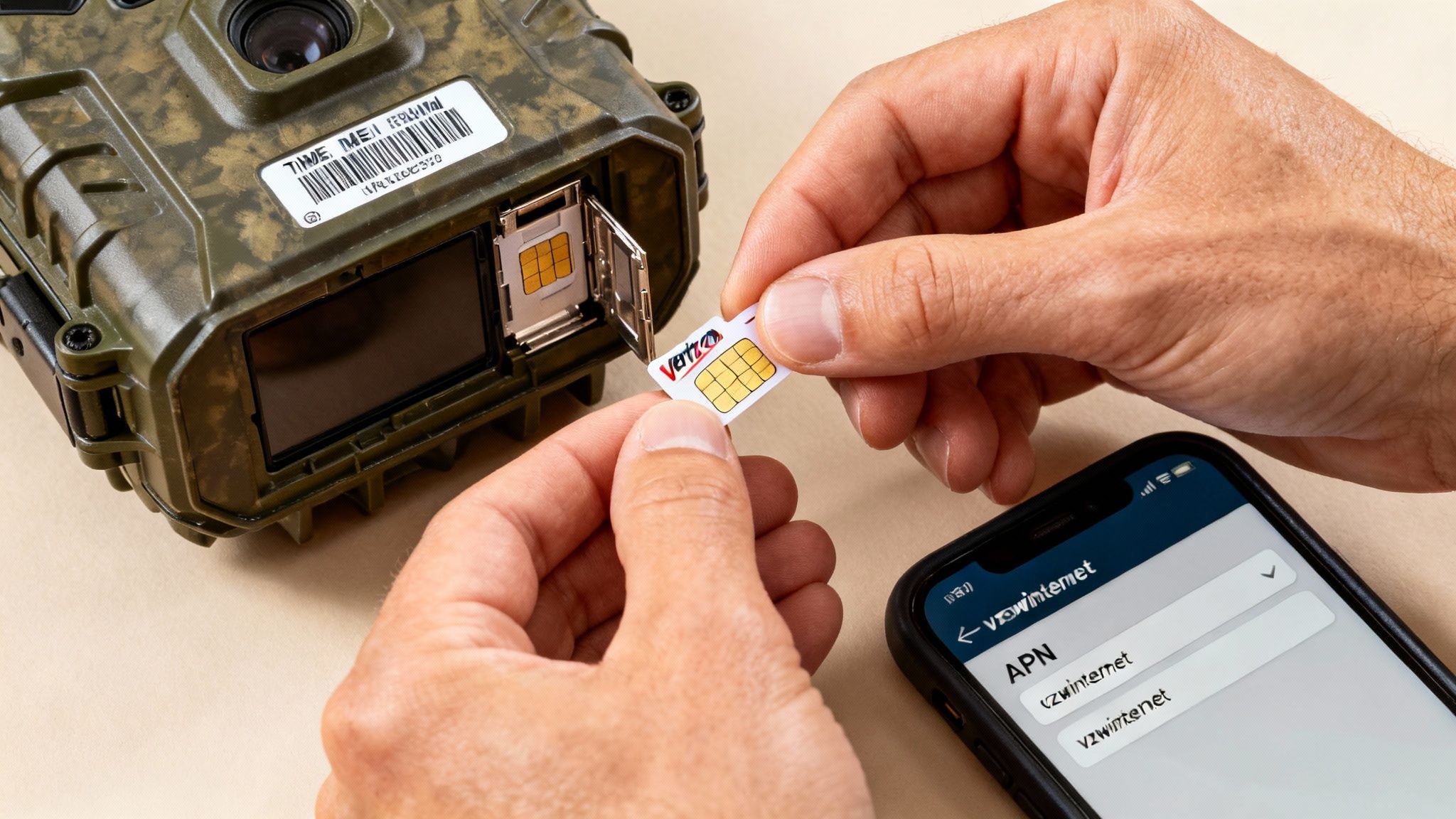 Hands are inserting a Verizon SIM card into a camouflage trail camera, with a smartphone displaying APN settings nearby.