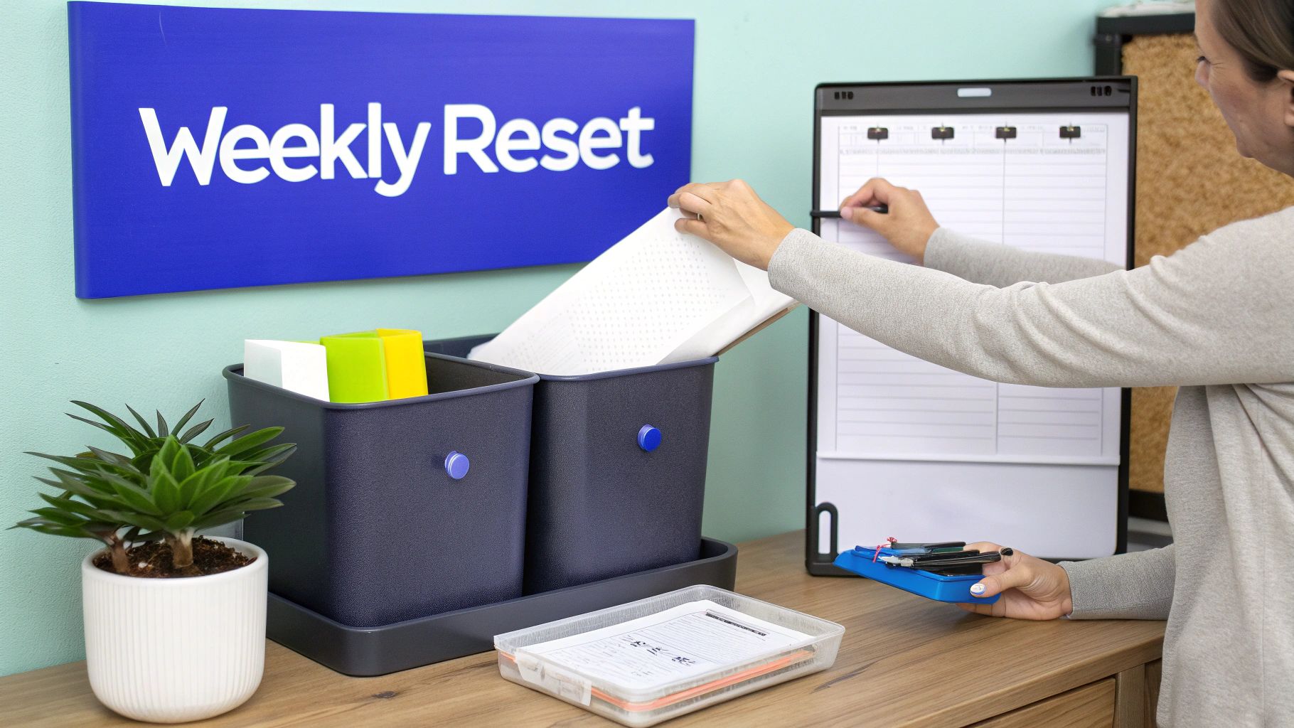 A woman organizes a 'Weekly Reset' station with bins, a plant, and a whiteboard calendar.