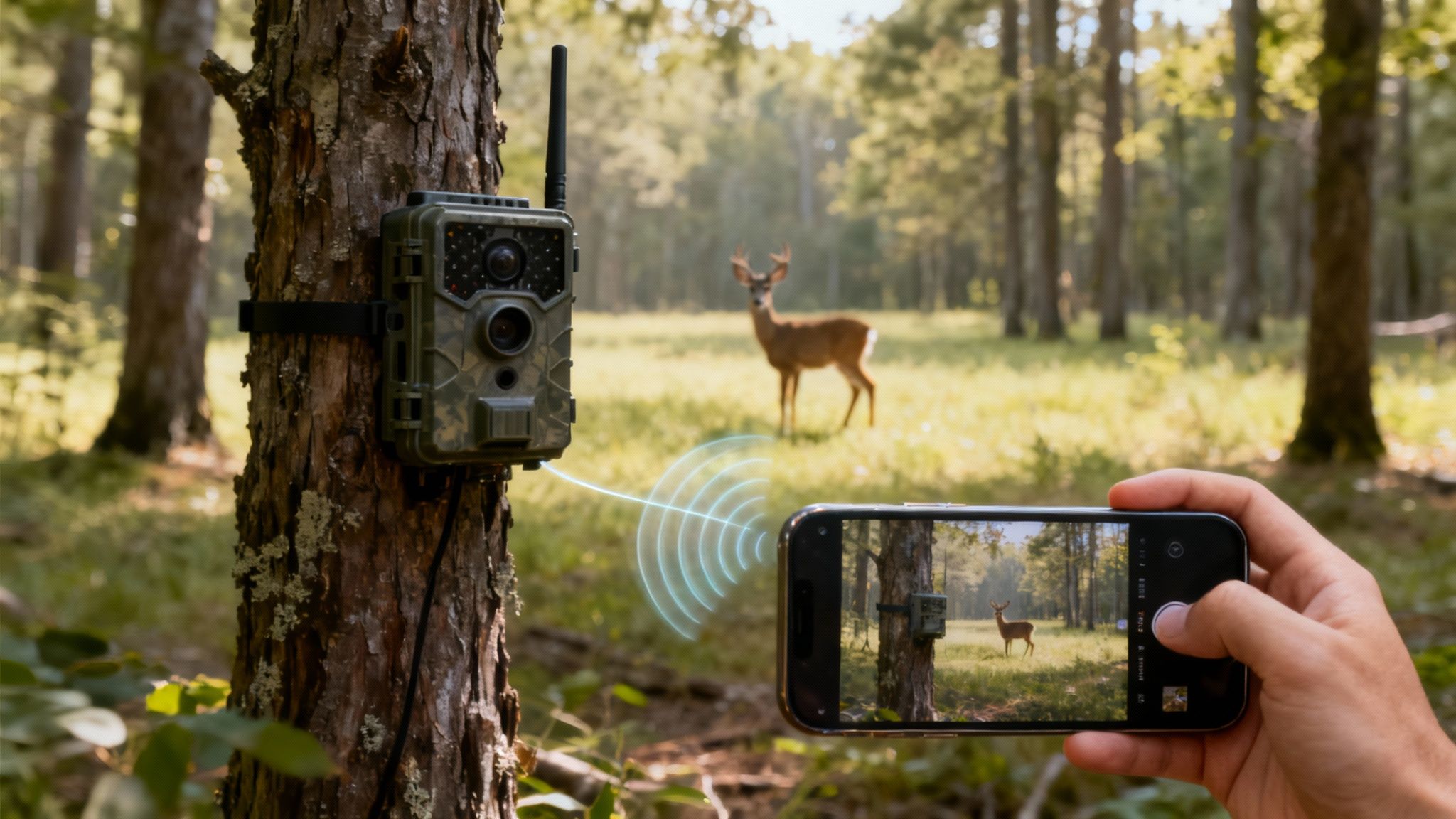 A camouflage trail camera on a tree captures a deer, wirelessly streaming footage to a smartphone.