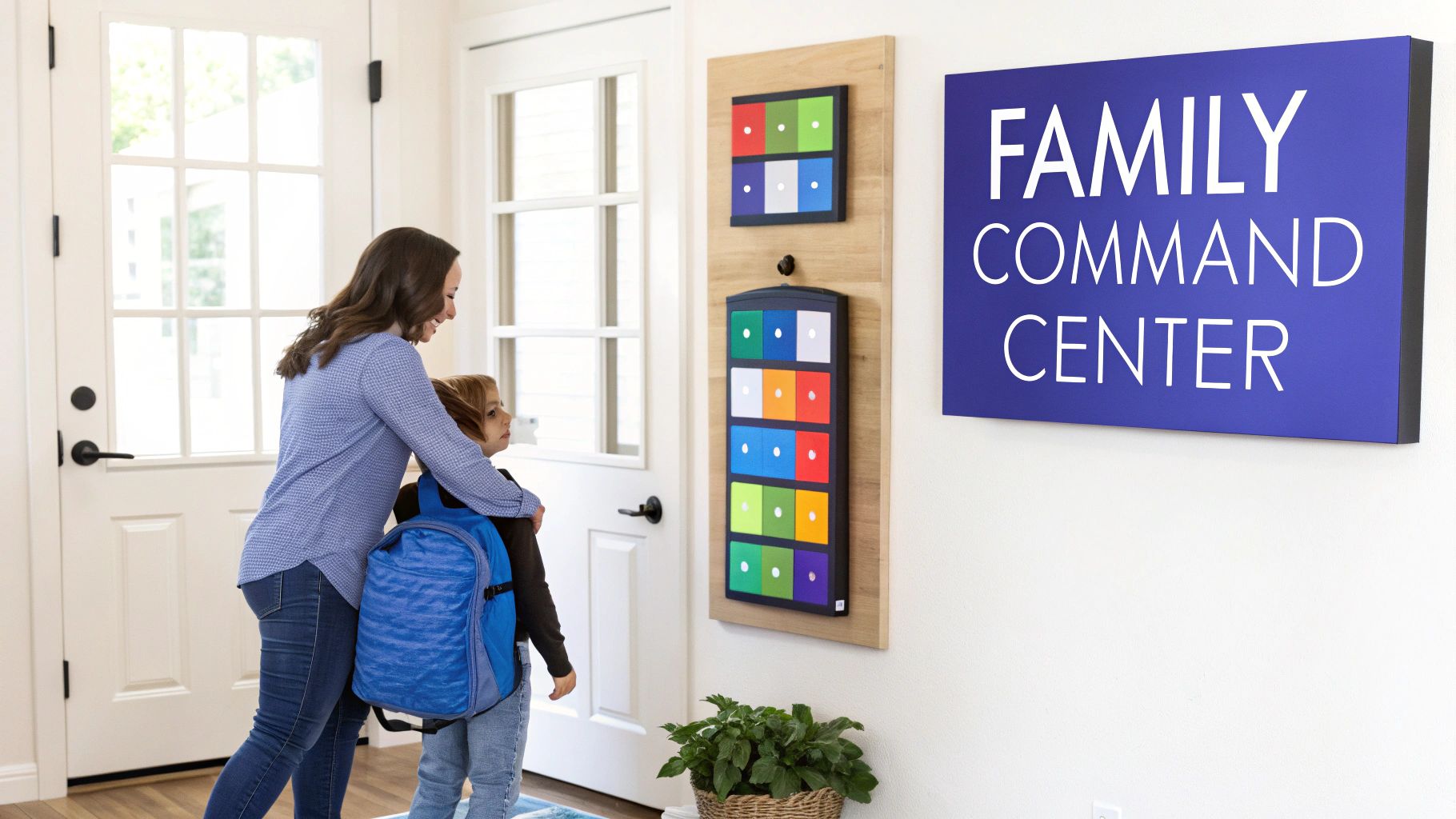 A mother and child stand in an entryway near a 'Family Command Center' display board.