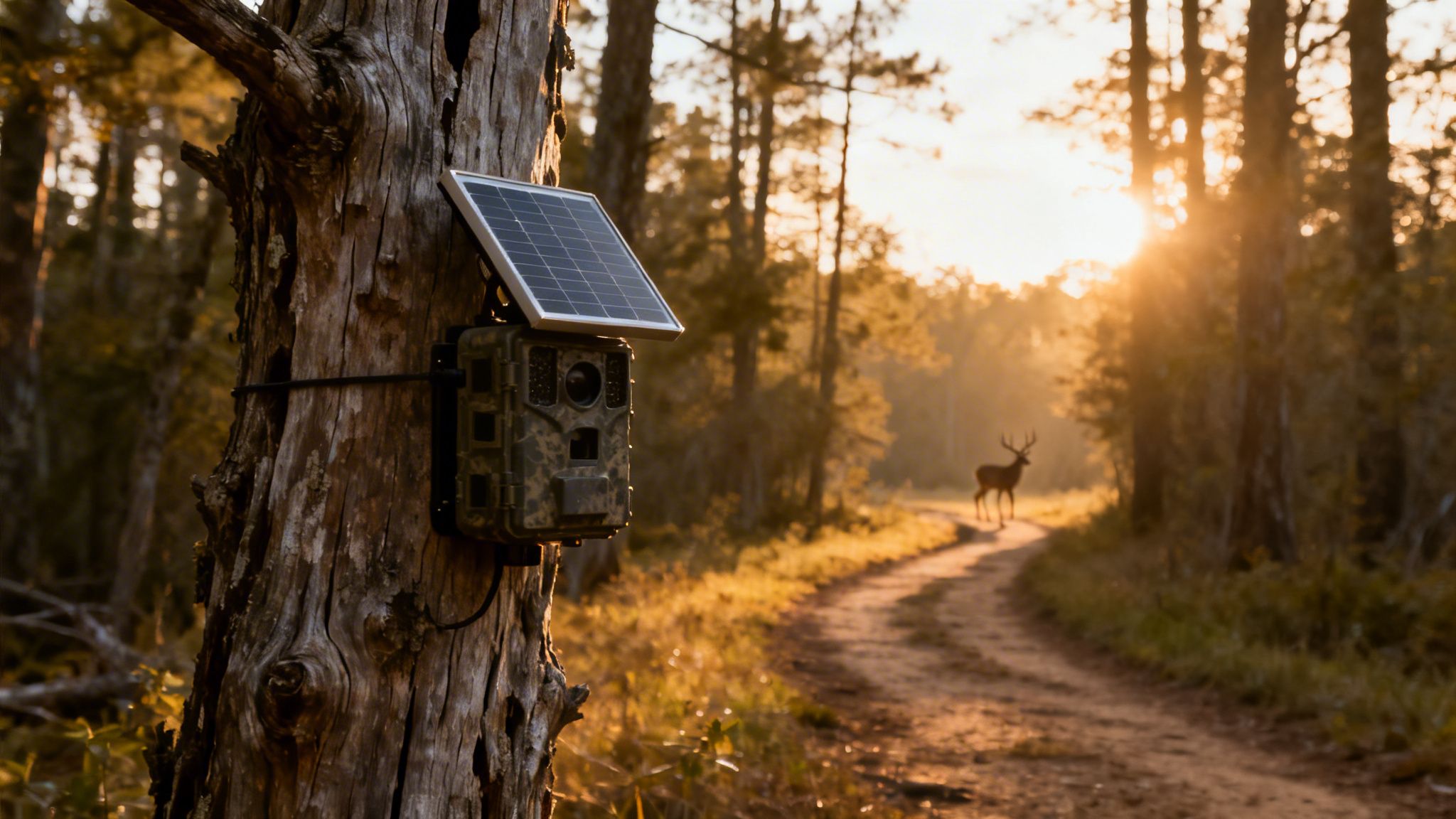 A solar-powered camouflage game camera strapped to a tree, with a deer on a forest path at sunset.