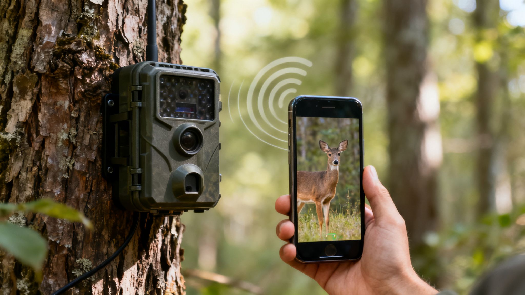 A trail camera mounted on a tree wirelessly transmits a live feed of a deer to a smartphone.
