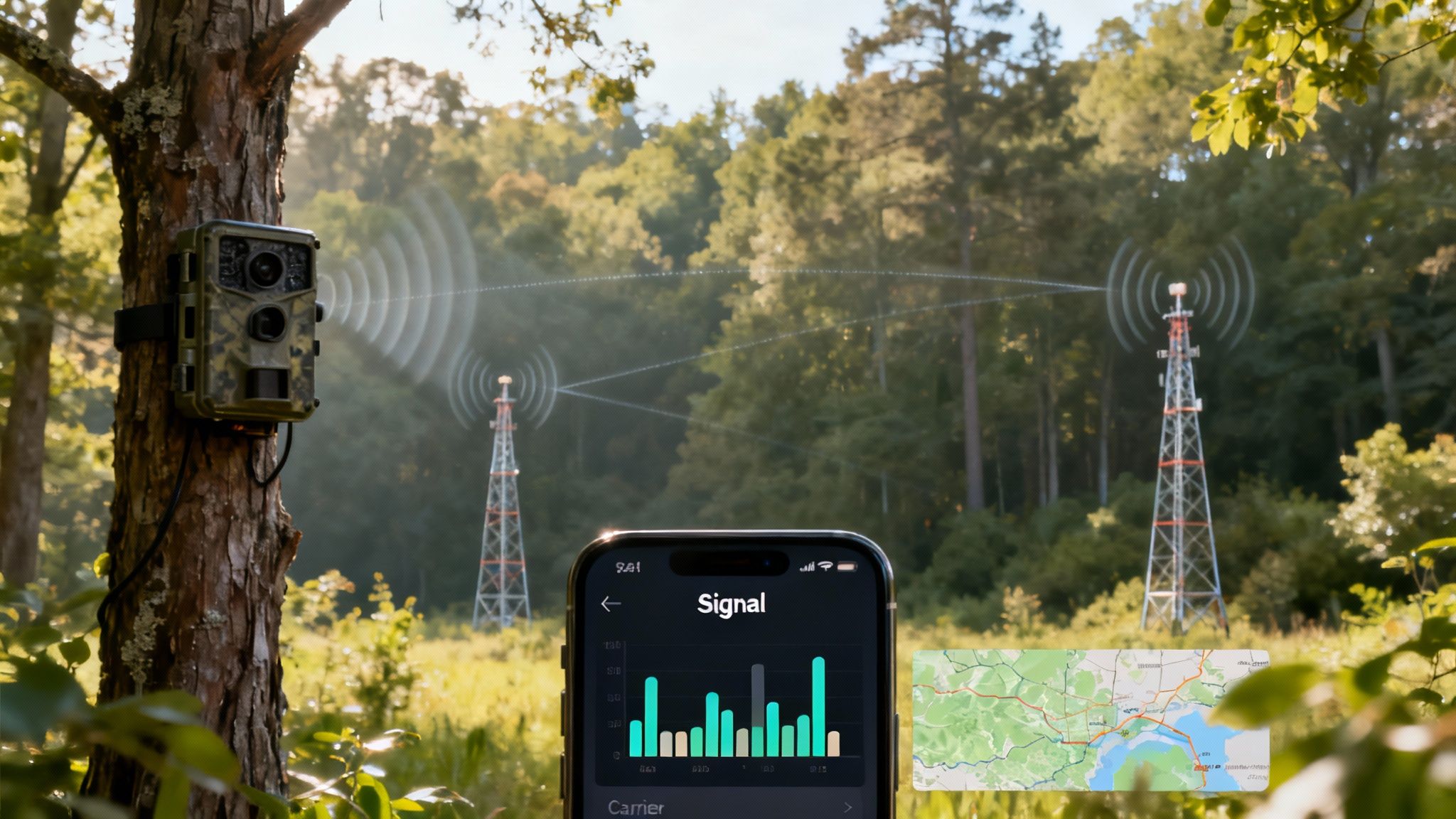 A wildlife camera on a tree transmits data, showing signal strength and a map on a smartphone.