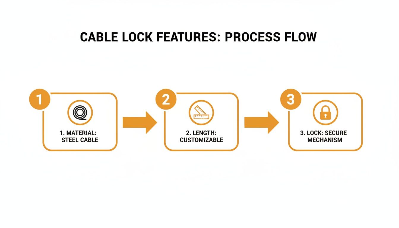 A process flow diagram detailing cable lock features: steel cable material, customizable length, and secure lock mechanism.