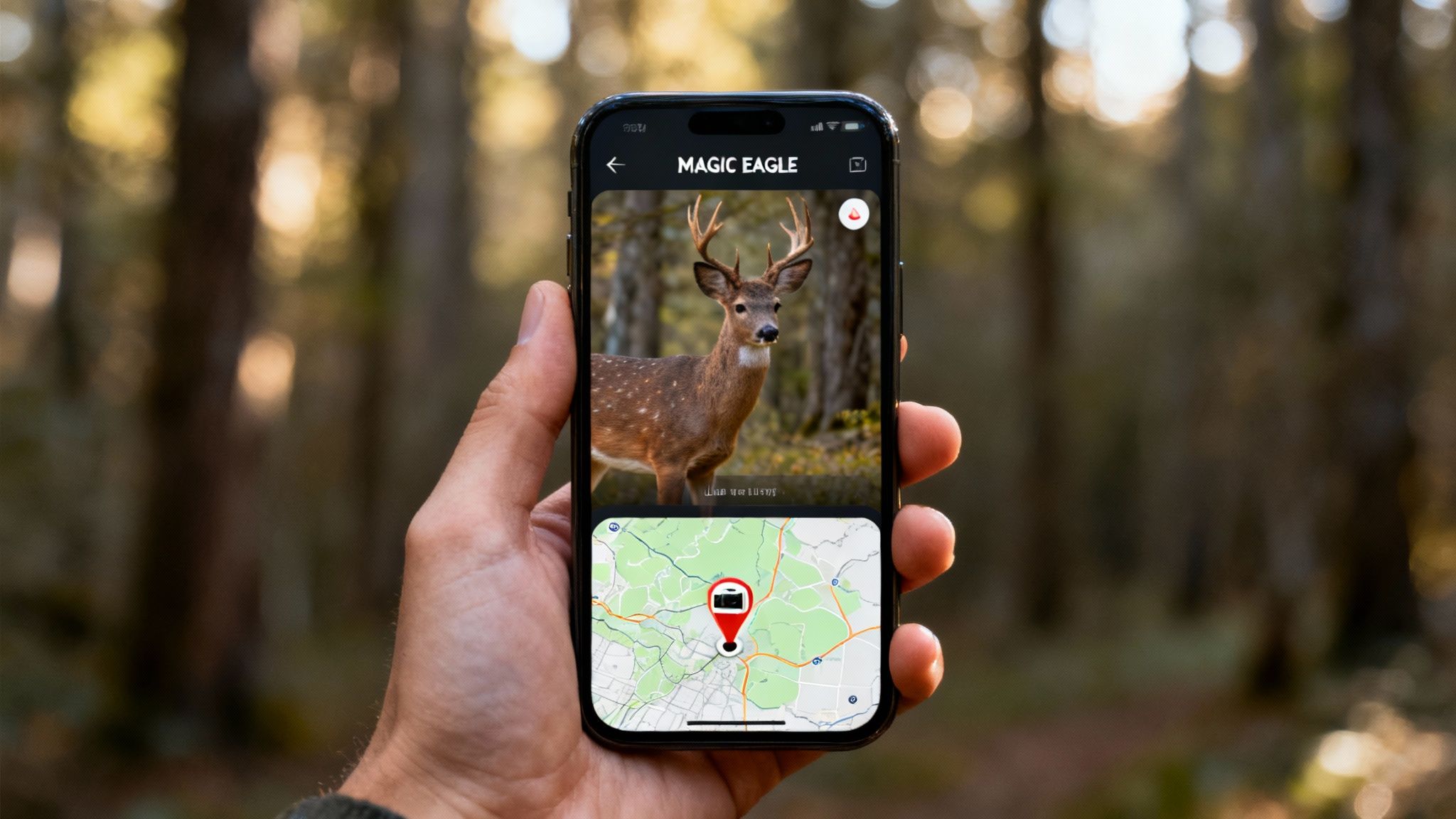 Hand holding smartphone displaying wildlife trail camera app showing deer photo with GPS location map