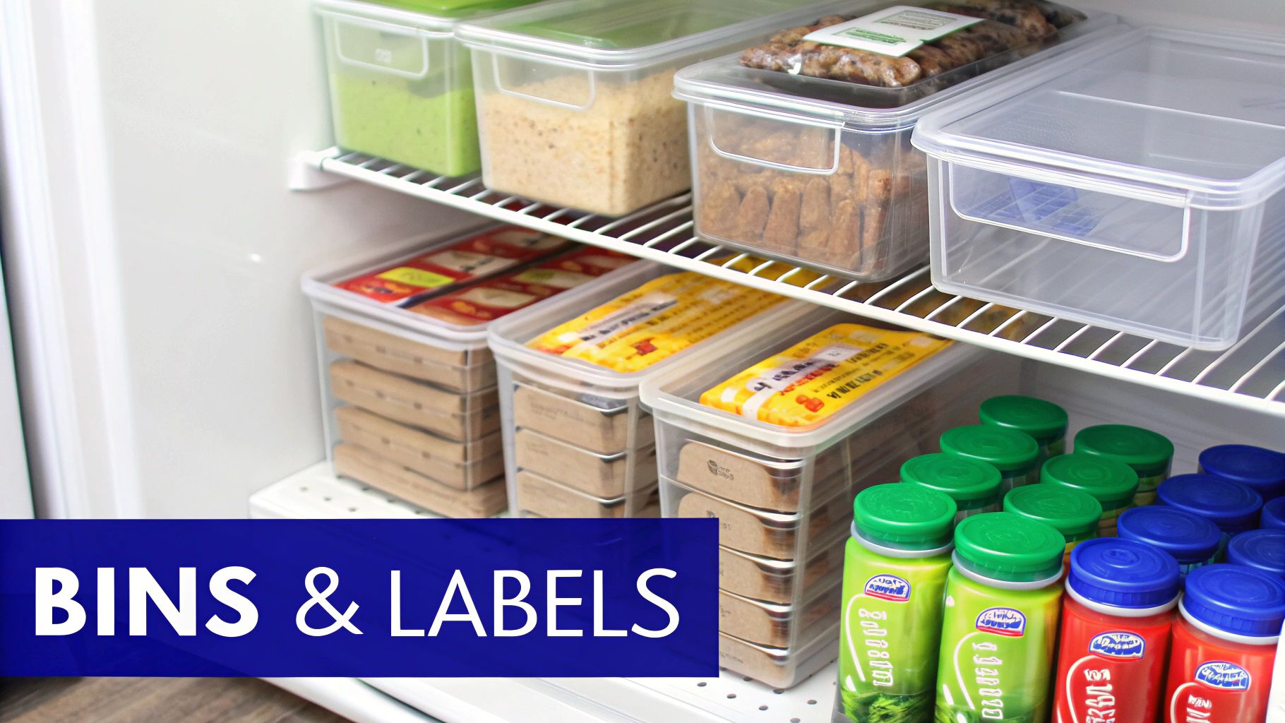 A meticulously organized refrigerator interior featuring clear storage bins with various food items and labeled containers.