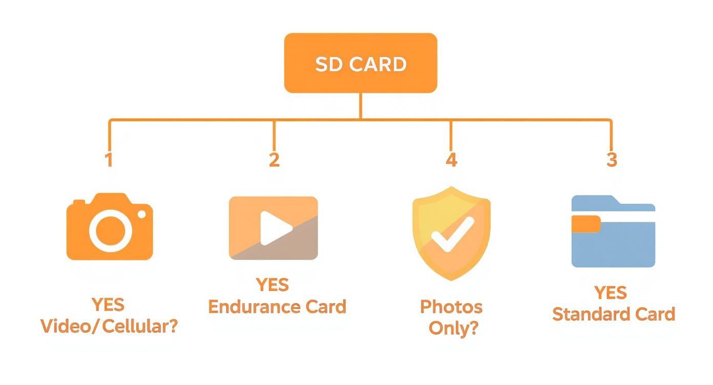 Flowchart illustrating different SD card types and their recommended uses for video, photos, or endurance.