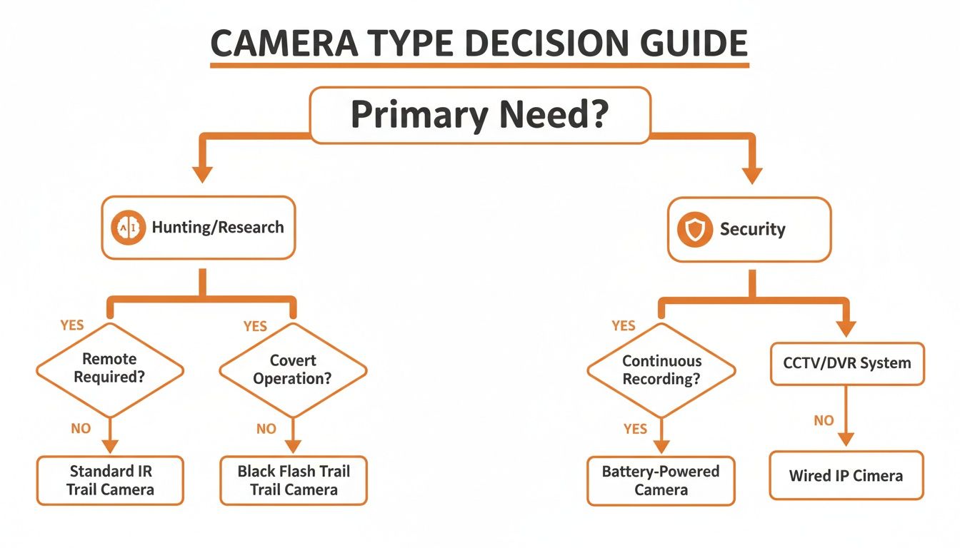 Flowchart guiding camera selection for hunting, research, or security, detailing different camera types.