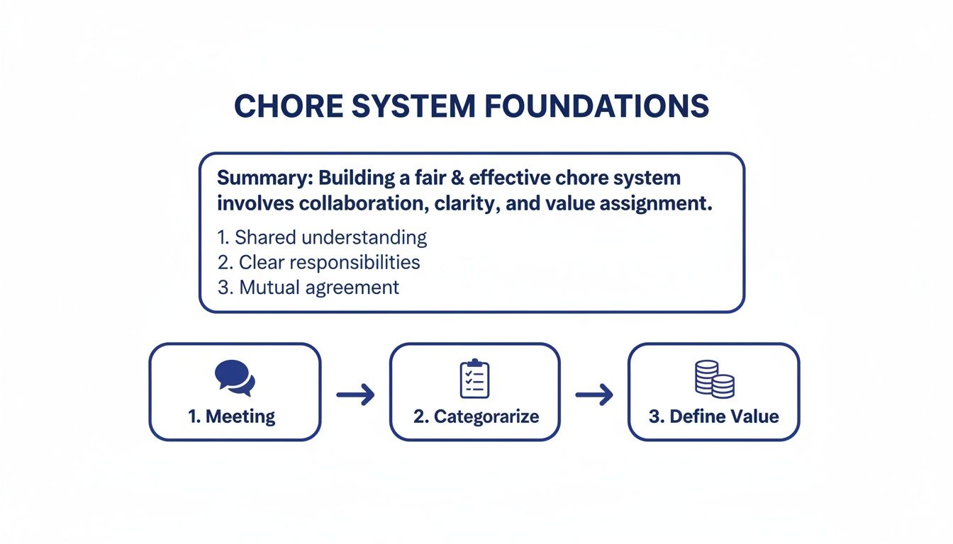 Flowchart showing the foundations of a chore system, including meeting, categorizing, and defining value.