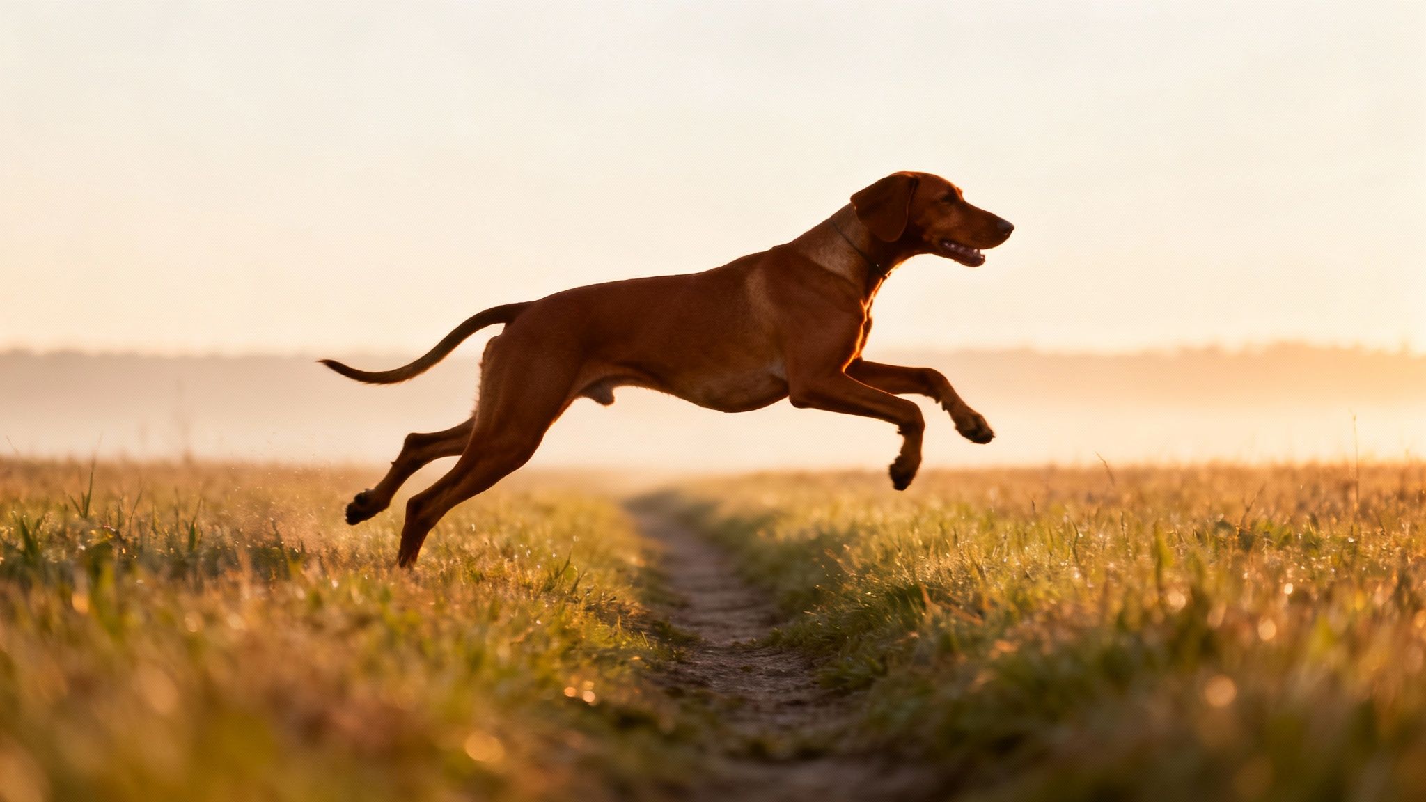 A brown dog leaps gracefully over a path in a golden field during sunrise.