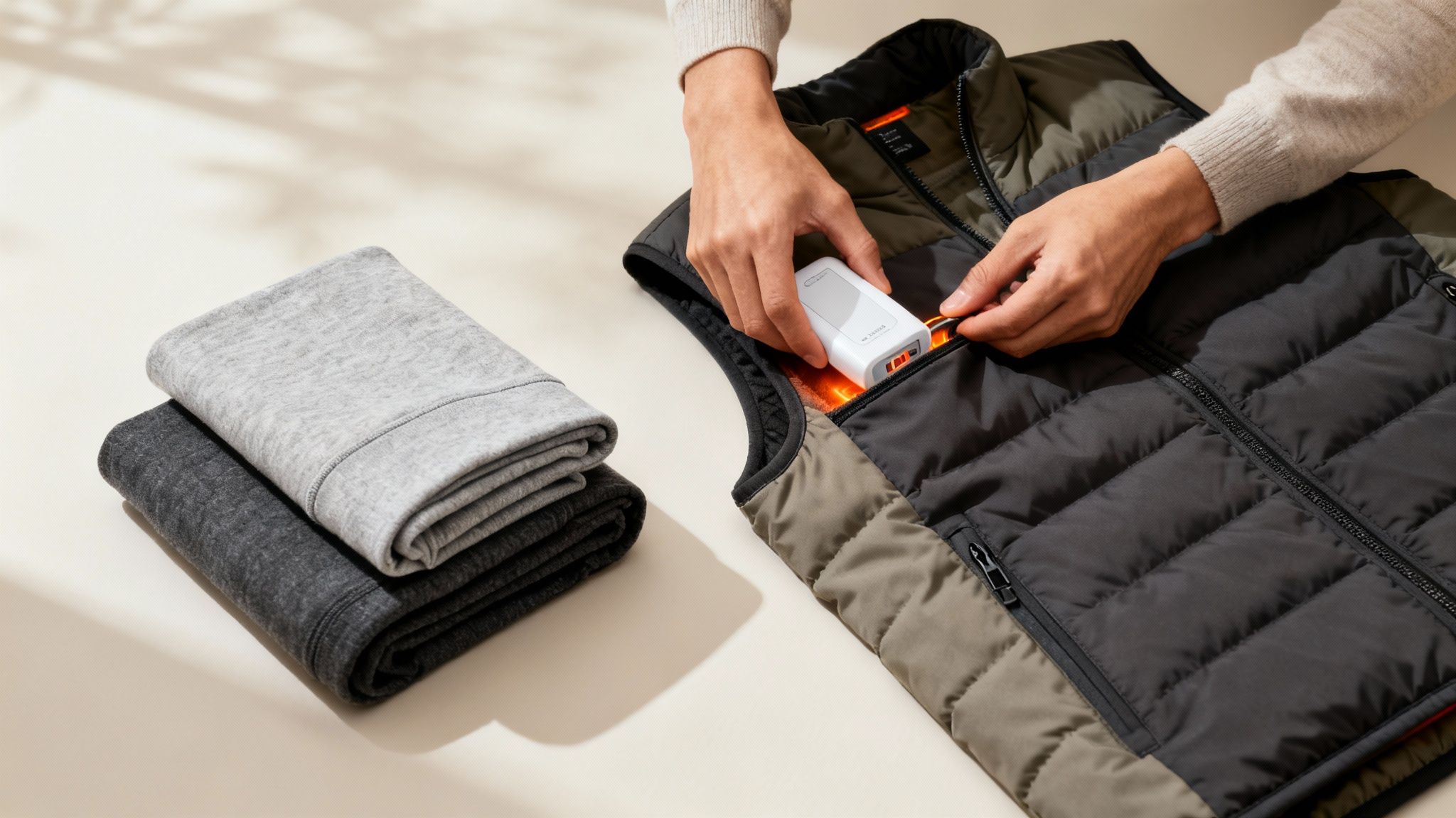 Person connecting a white power bank to an olive and black heated vest, with folded clothes nearby.