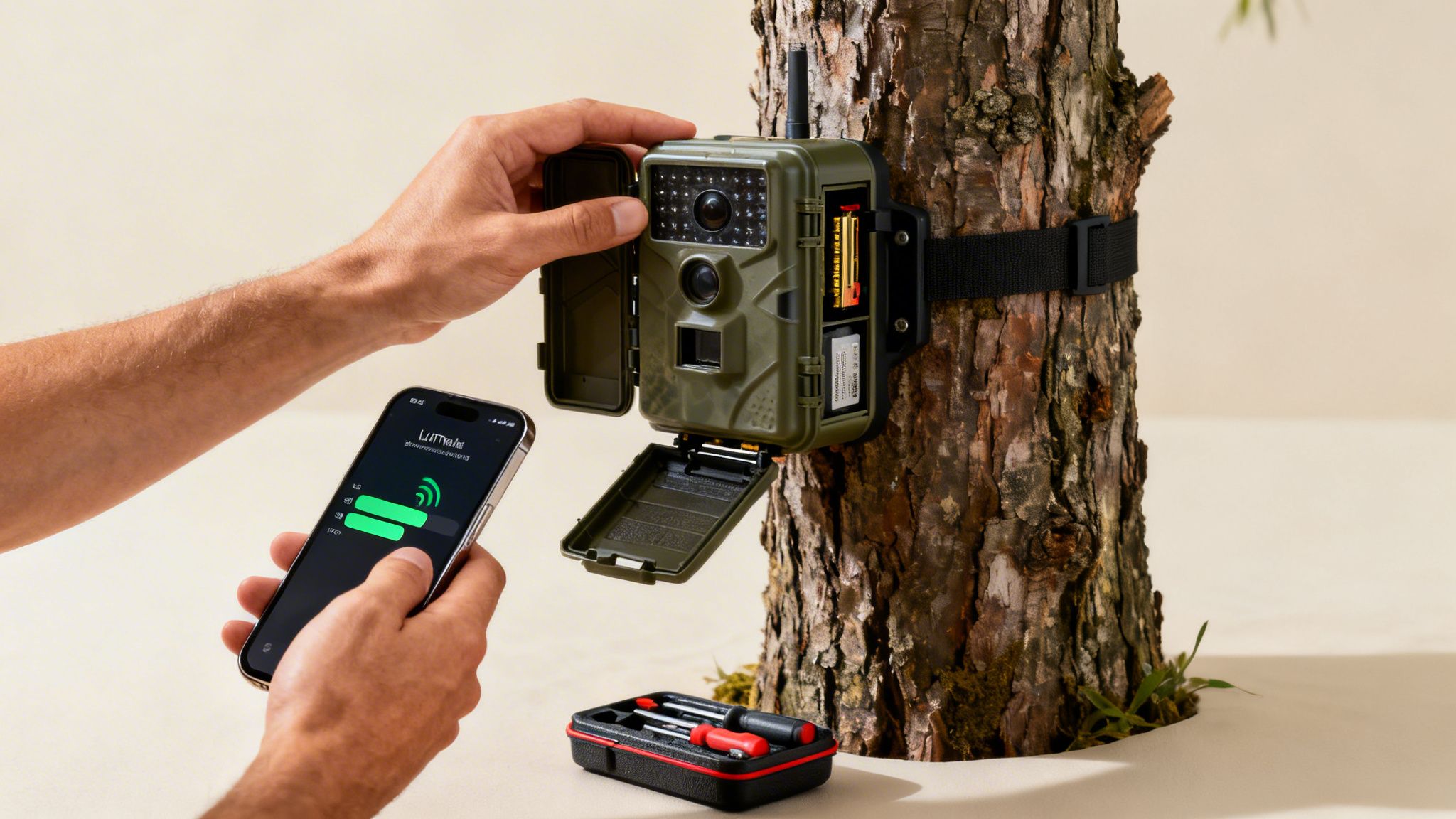 Hands adjusting a green live trail camera mounted on a tree while using a smartphone app.