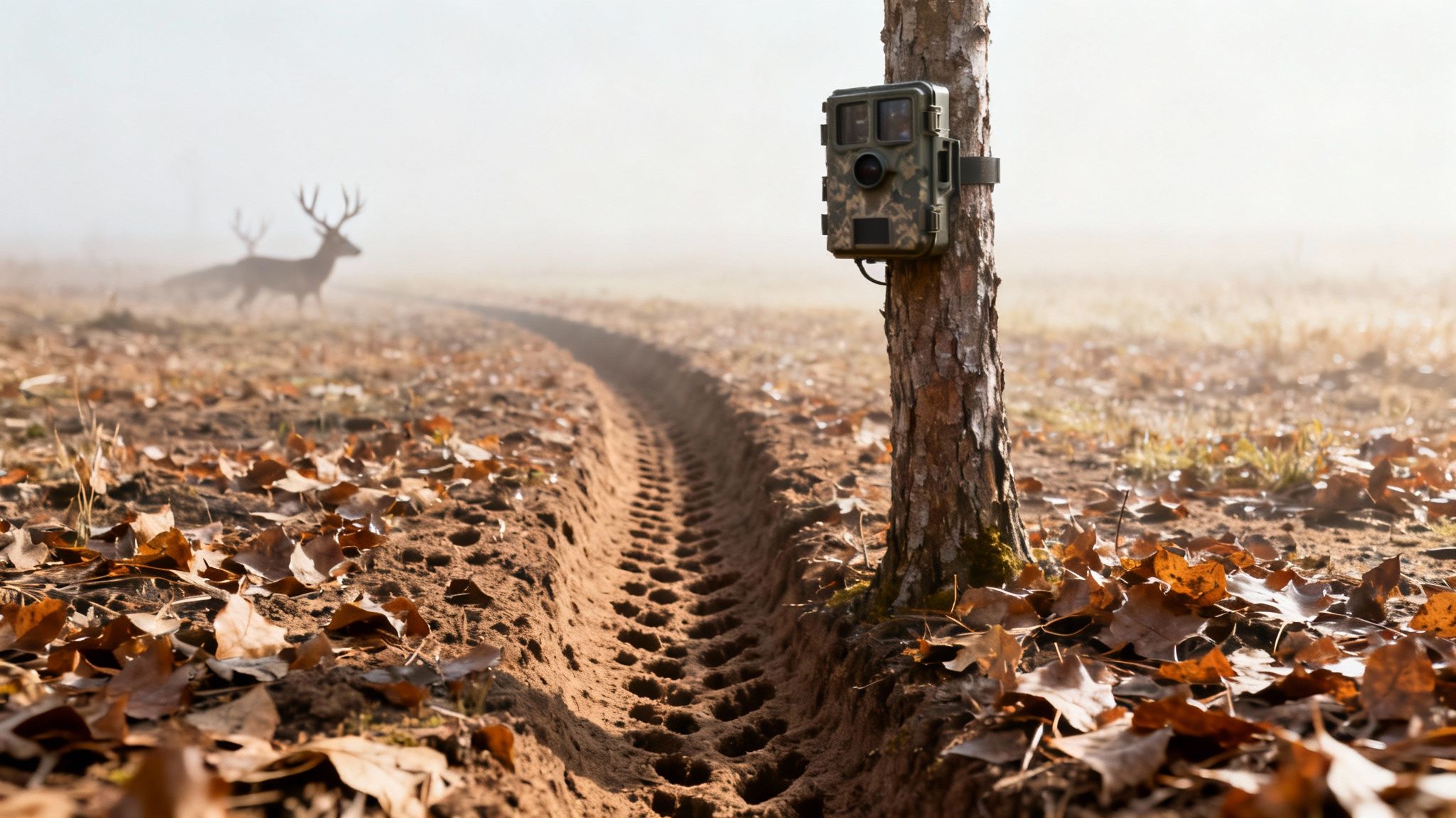 A camouflage trail camera on a tree overlooks a muddy path, fallen leaves, and blurry deer in fog.