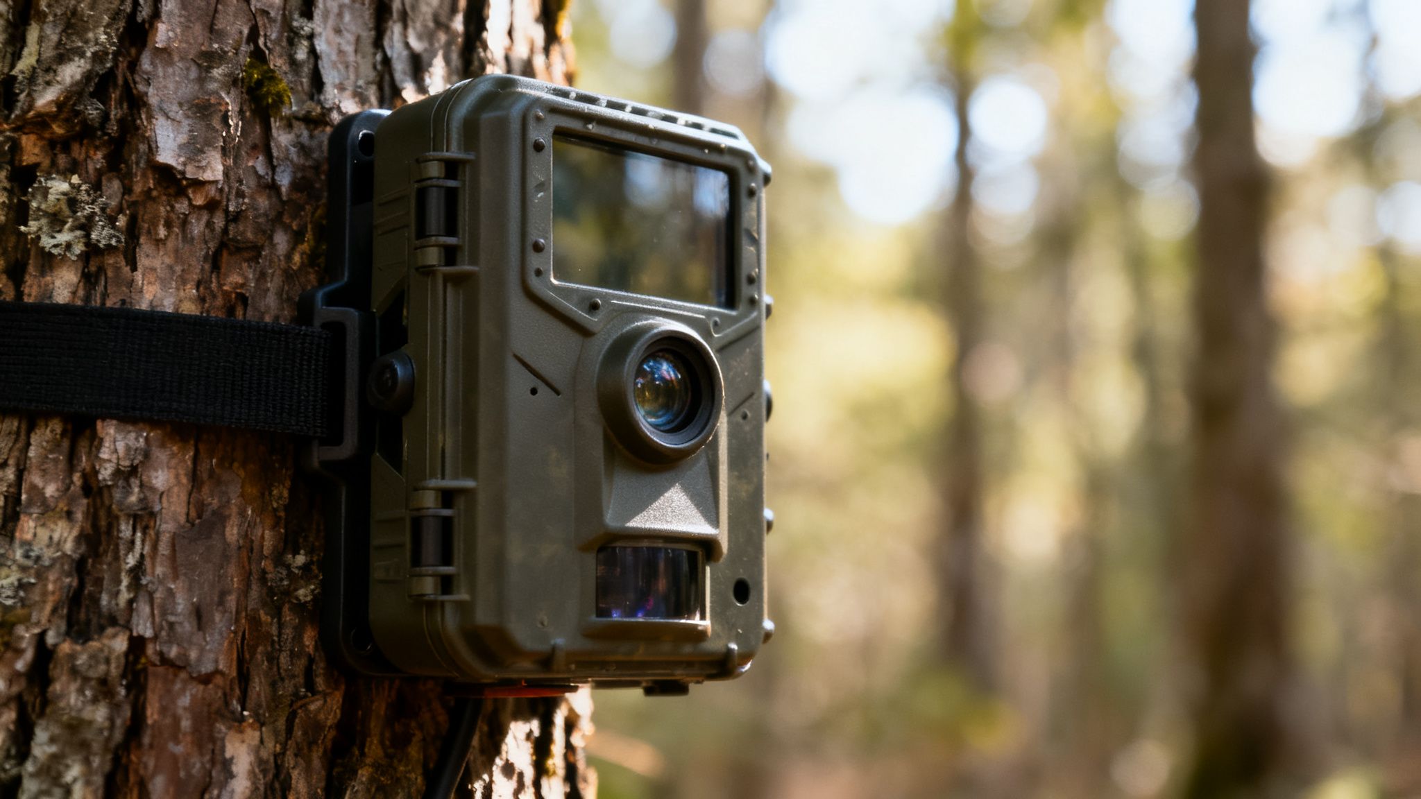 An olive green trail camera securely mounted on a tree trunk in a natural forest setting.