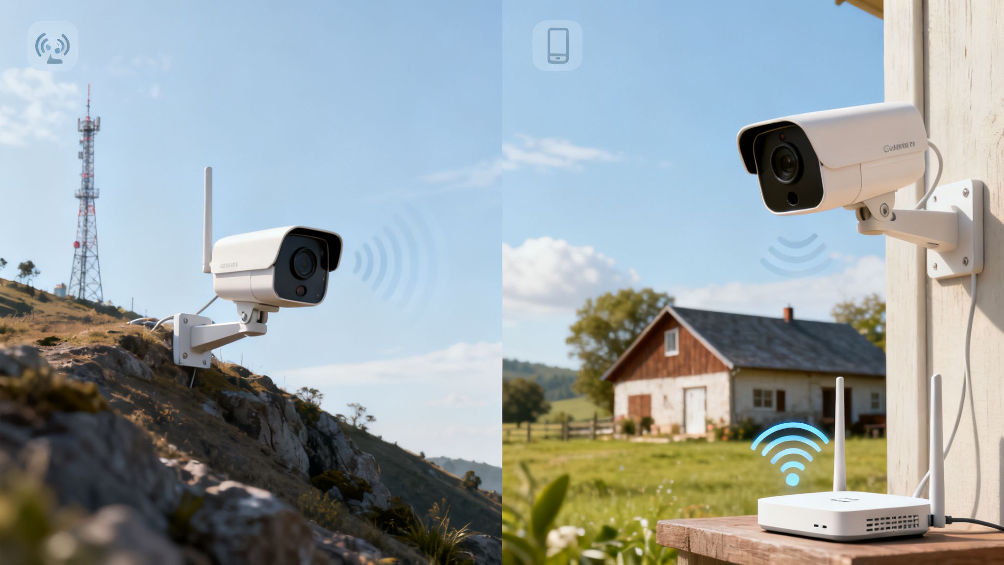 Two security cameras showcasing cellular (4G) and Wi-Fi connectivity for remote surveillance and live feed.