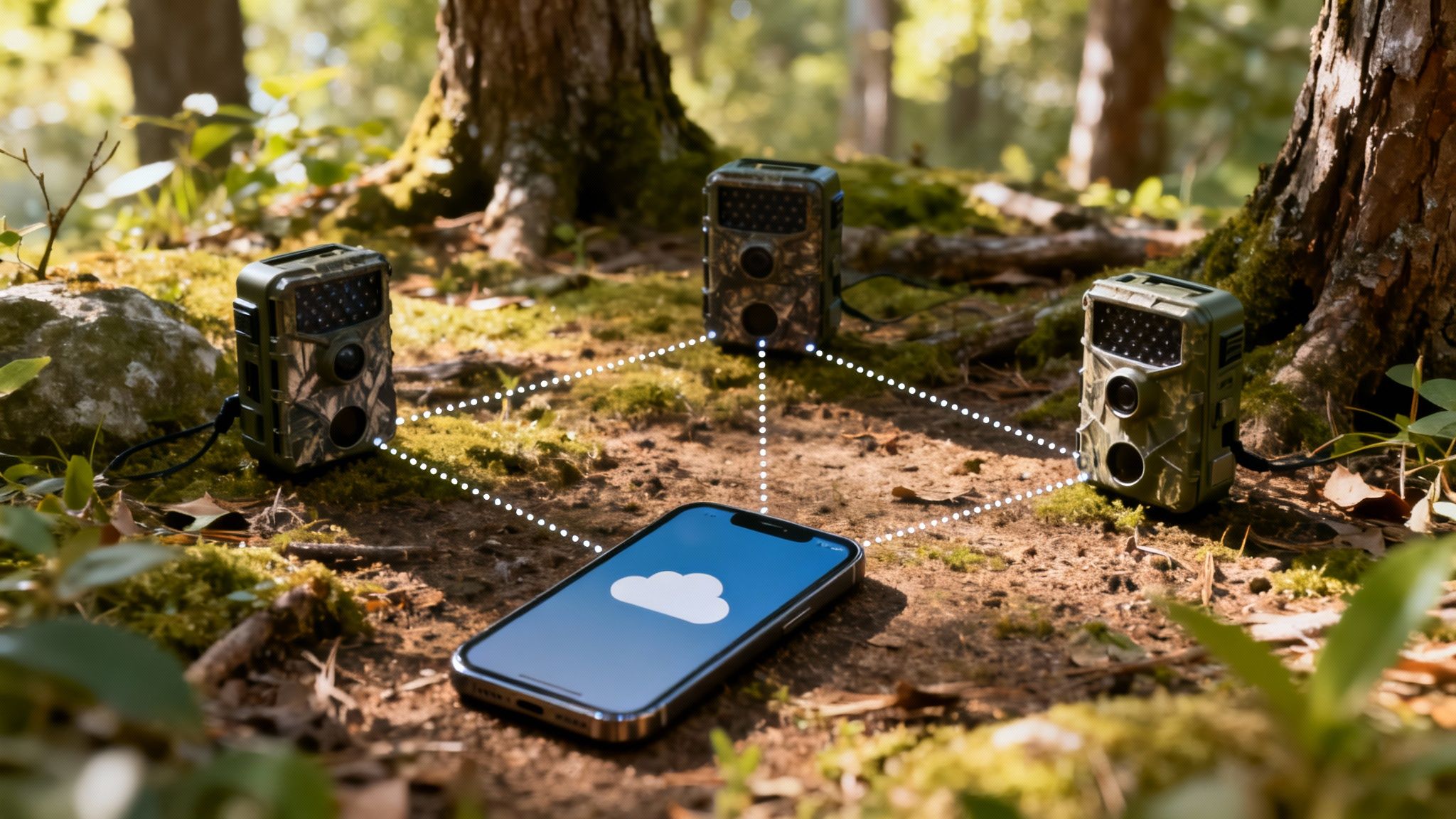 Three camouflage trail cameras wirelessly connected to a smartphone with a cloud icon in a forest.