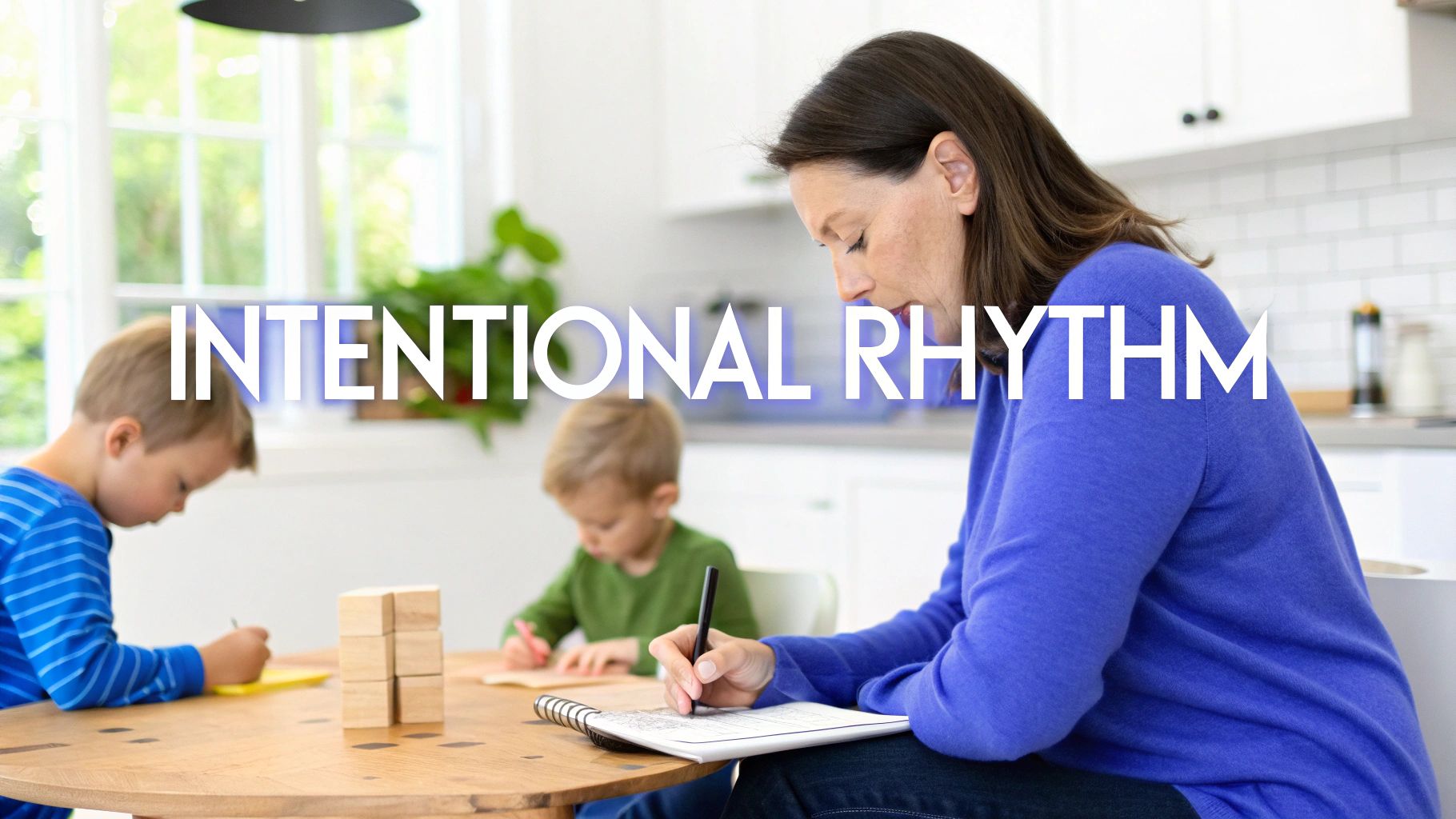 A mother and two young children sit at a table, writing and learning together at home.