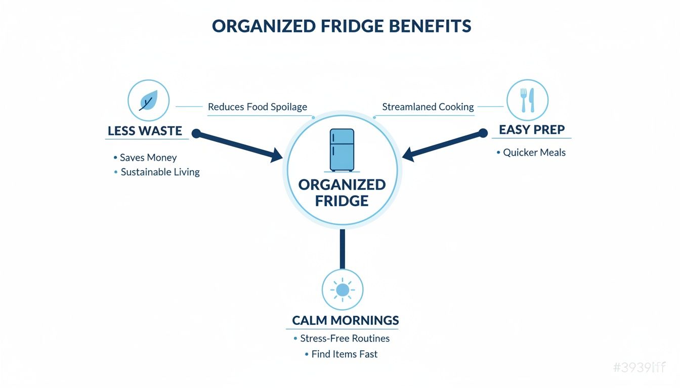 Infographic showing the benefits of an organized fridge: less waste, easy prep, and calm mornings.