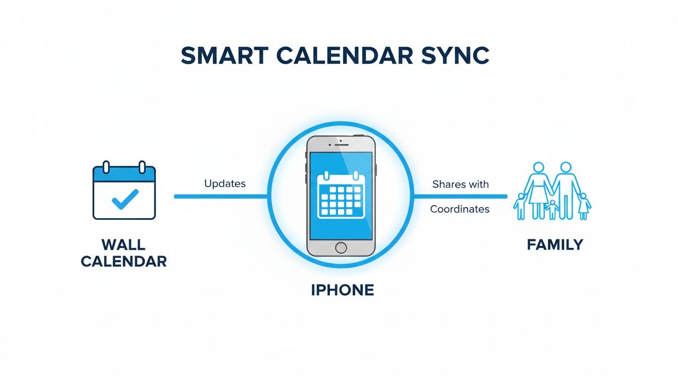 Smart calendar sync diagram: Wall calendar updates iPhone, which shares and coordinates with family.
