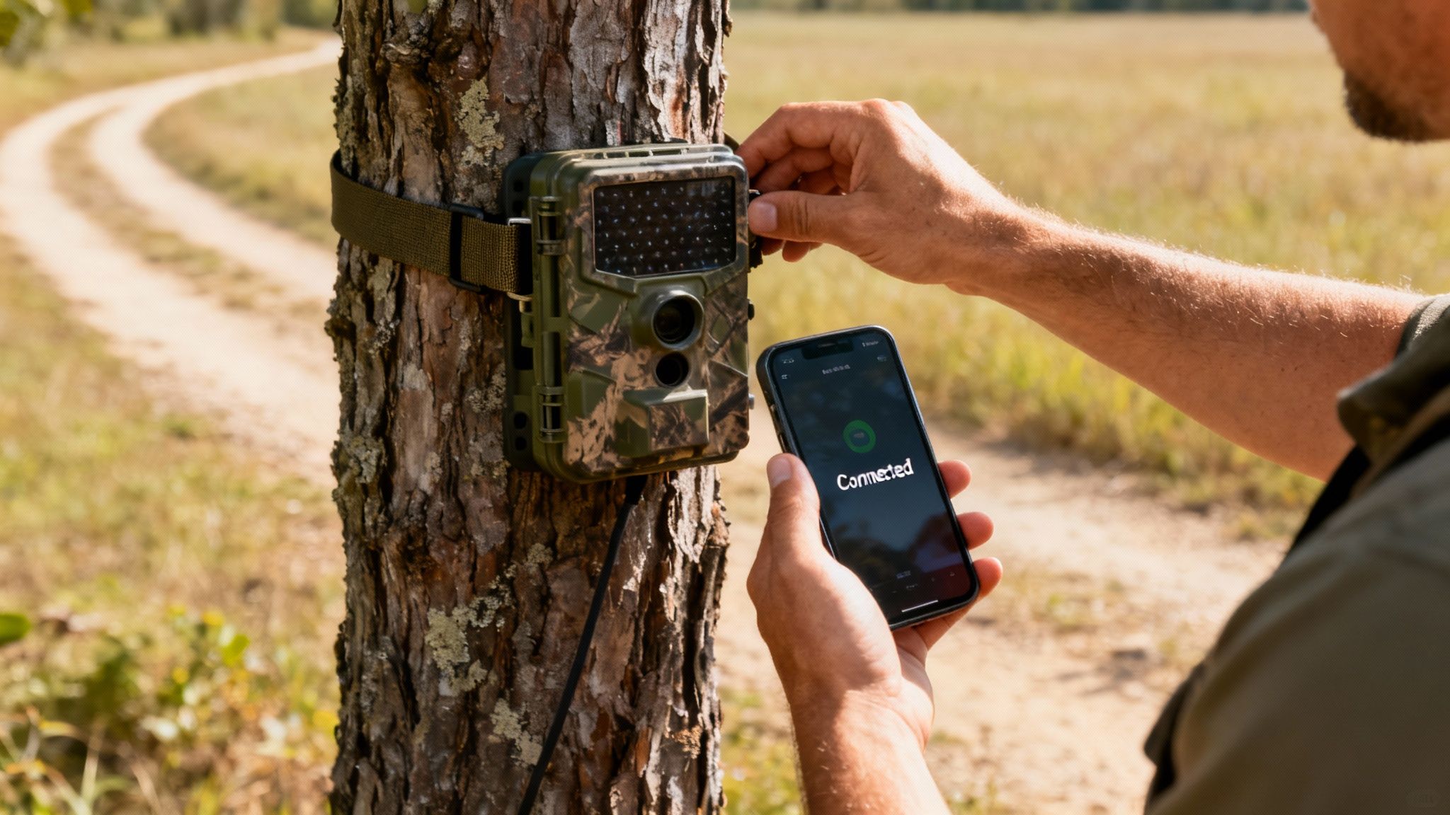 A person connects a camouflage trail camera on a tree to a smartphone for remote viewing.