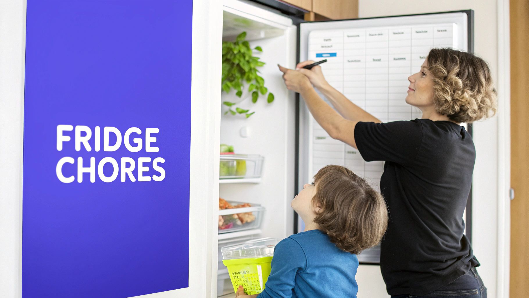 A woman and child organize their fridge, using a 'FRIDGE CHORES' sign and a schedule board.