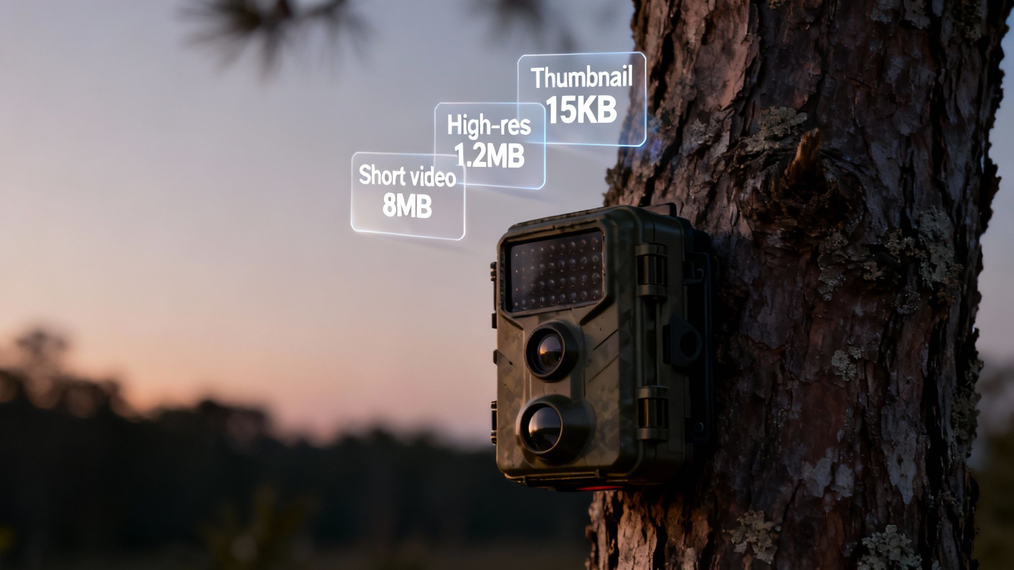 A trail camera on a tree shows data storage requirements for video, high-resolution photos, and thumbnails.