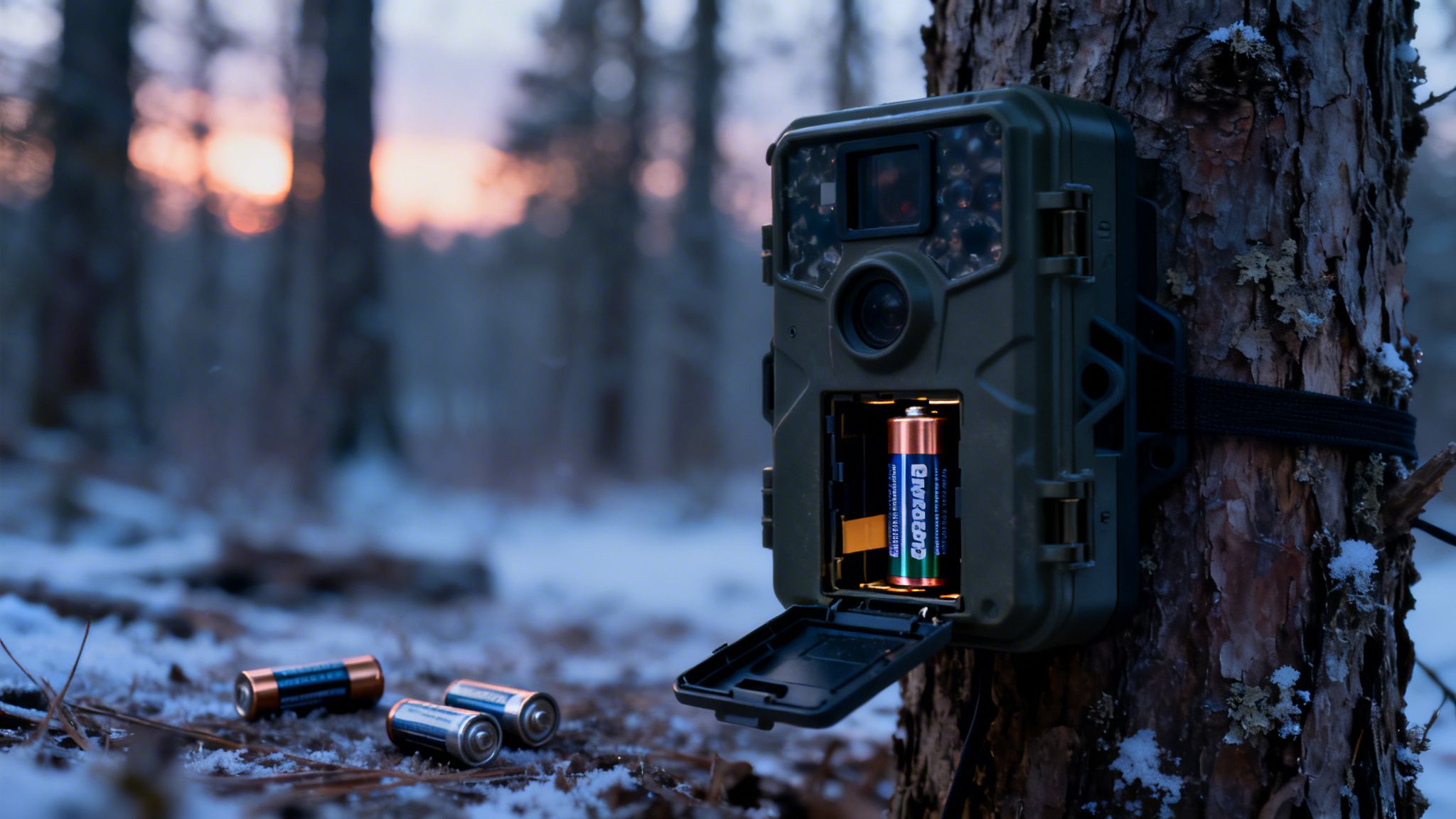 Trail camera on a snowy tree with an open battery compartment, showing one battery and others on the ground.