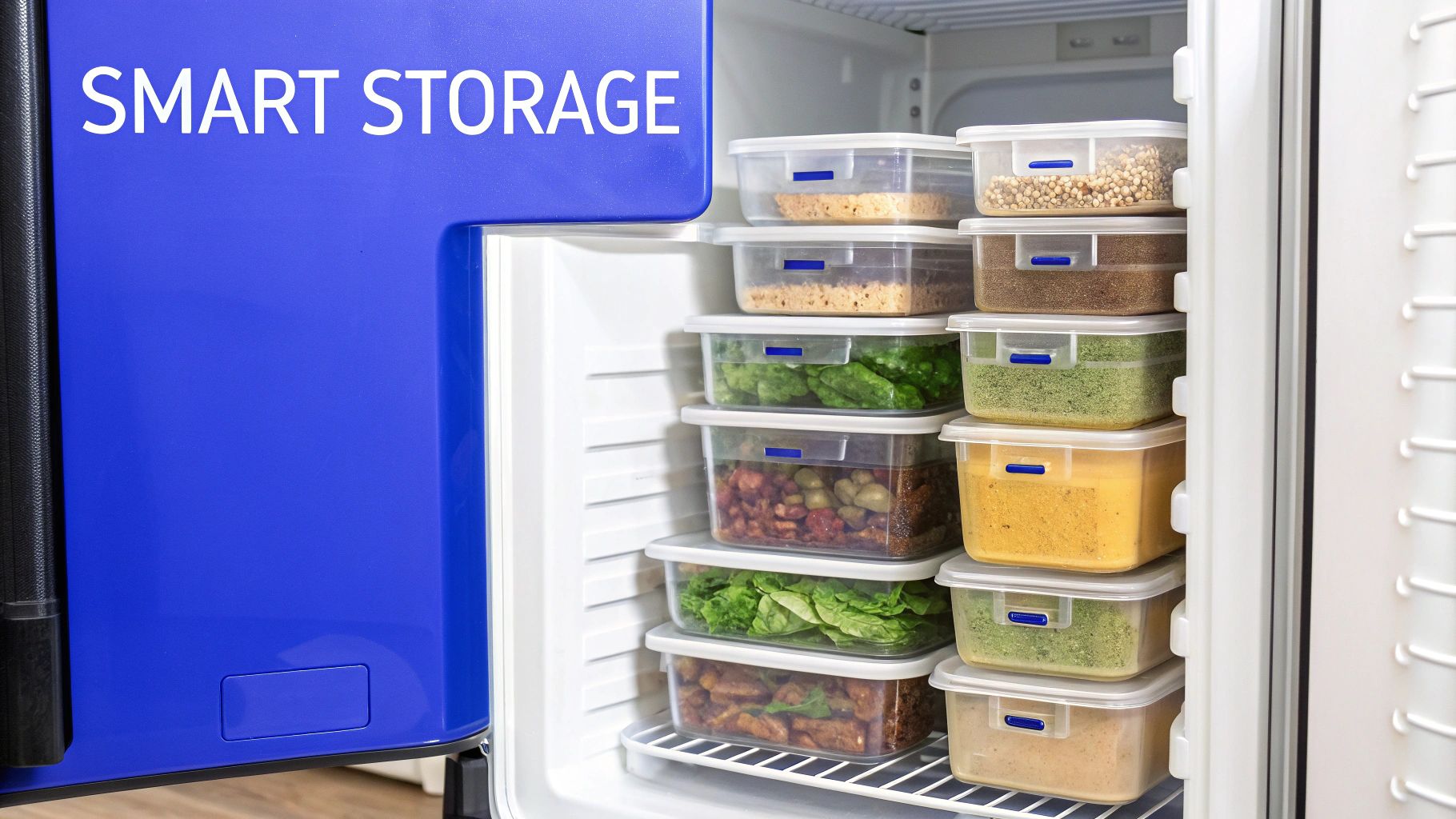 An open refrigerator filled with neatly stacked clear food storage containers, featuring 'SMART STORAGE' on the blue door.