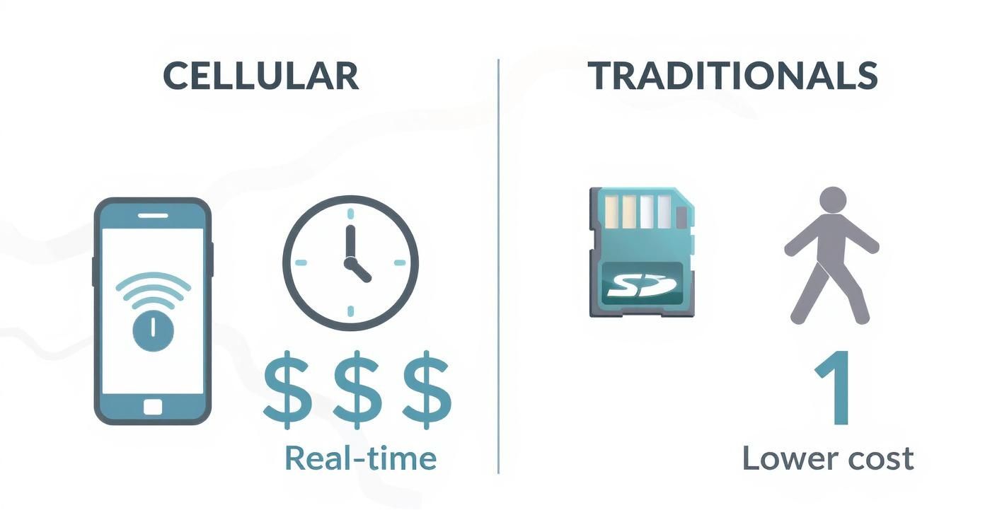 An infographic comparing the key differences between cellular and traditional trail cameras, showing icons for real-time updates and cost versus manual checks and lower cost.