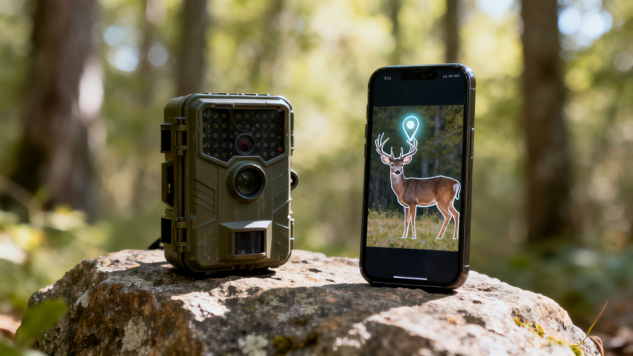 A green trail camera and a smartphone displaying a deer with a glowing location pin in a forest.
