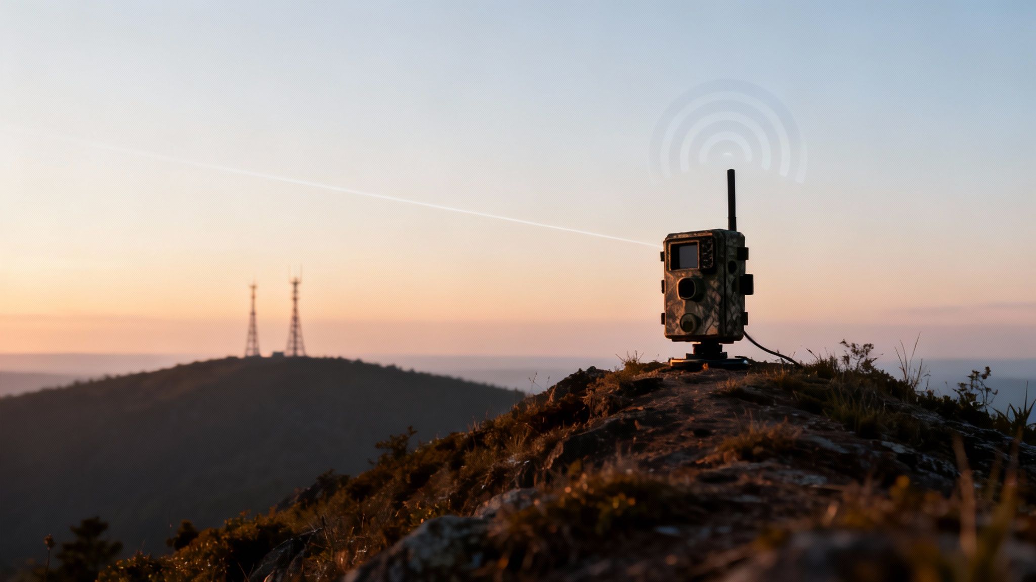 A camouflage trail camera on a mountain transmits data, with cellular towers in the distance.