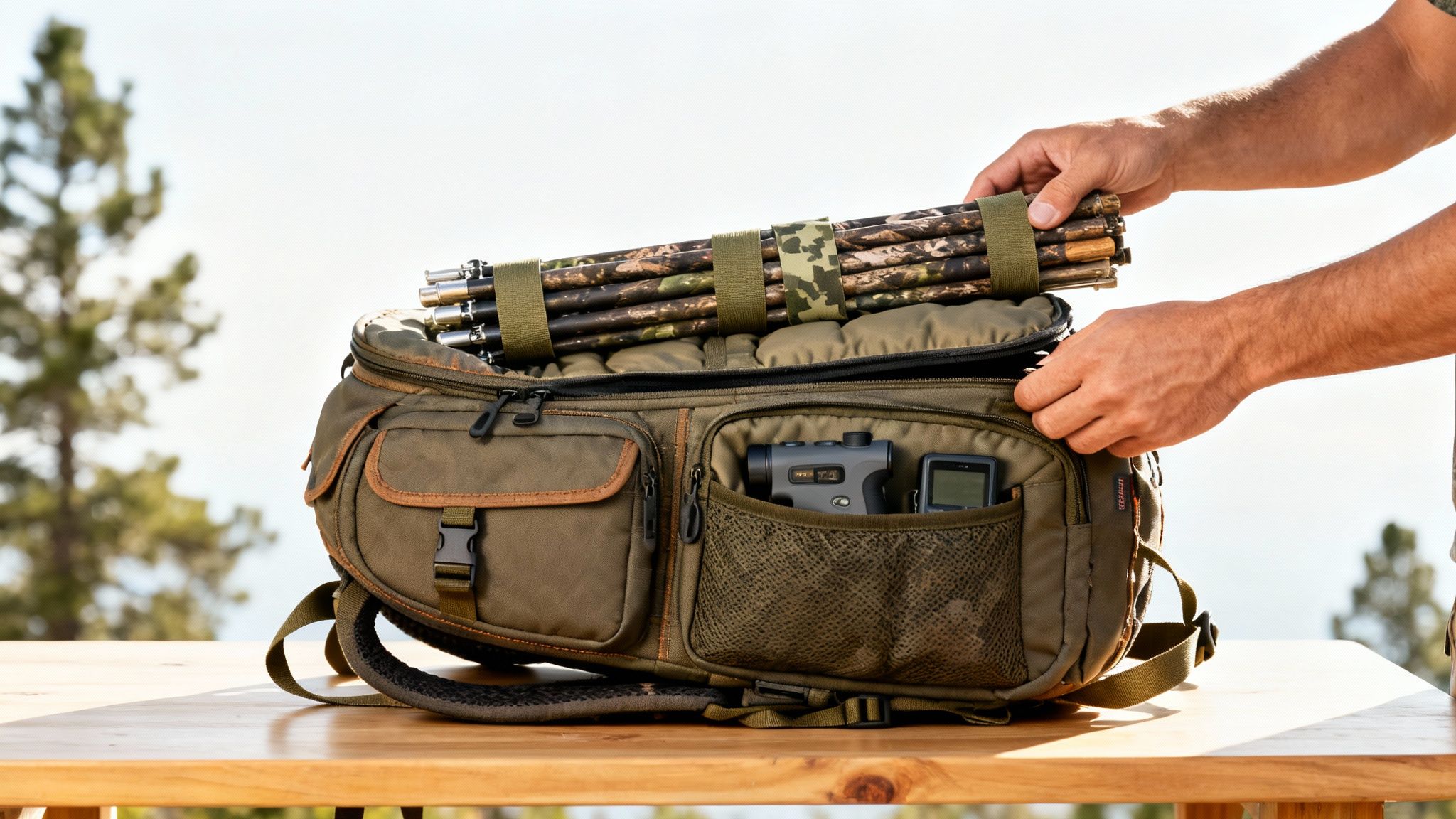 Person placing camouflage hunting stick into an olive green saddle hunting backpack with hunting gear.