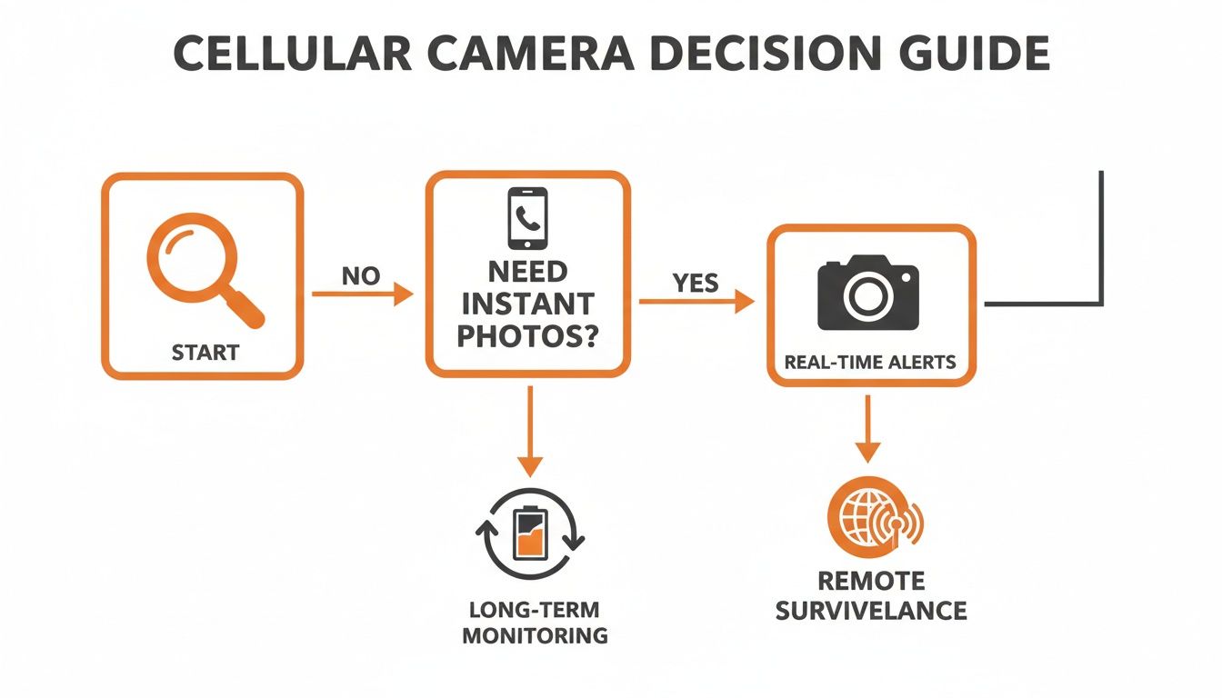 Cellular camera decision guide flowchart: instant photos enable real-time alerts and remote surveillance; otherwise, long-term monitoring.