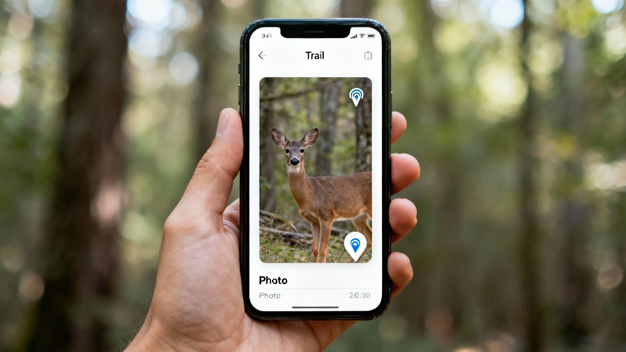 A person holds a smartphone displaying a deer photo in a trail tracking app.